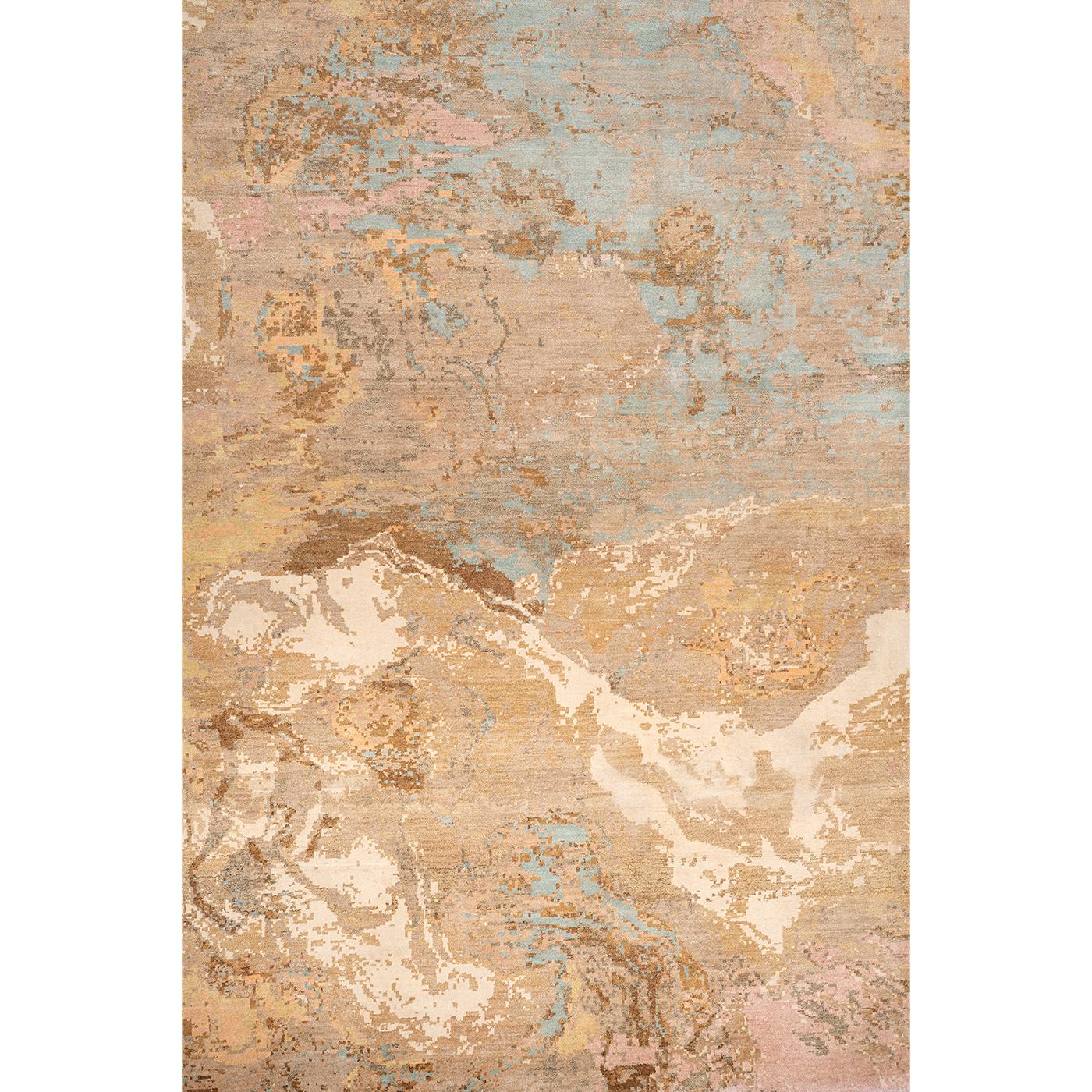 The beautifully crafted Clouds Rug is made in India using the Iranian 10 by 10 knotting technique (100 knots per square inch). With the pile in pure 100% Chinese silk, and the warp and weft in cotton, the coloring in this version features beige and