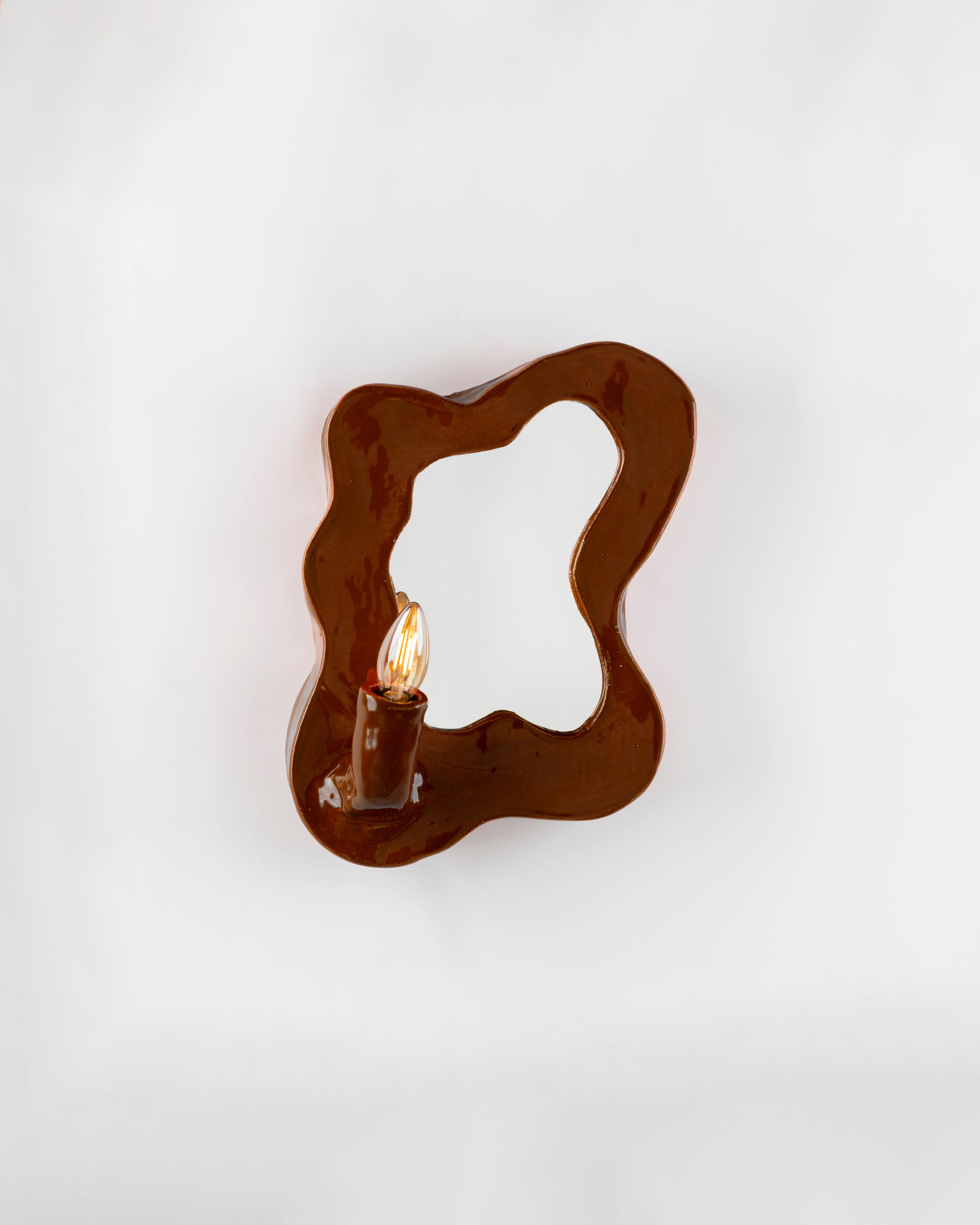 Enameled Clouds Series - Handcrafted Brown Glazed Ceramic Illuminated Wall Mirror For Sale