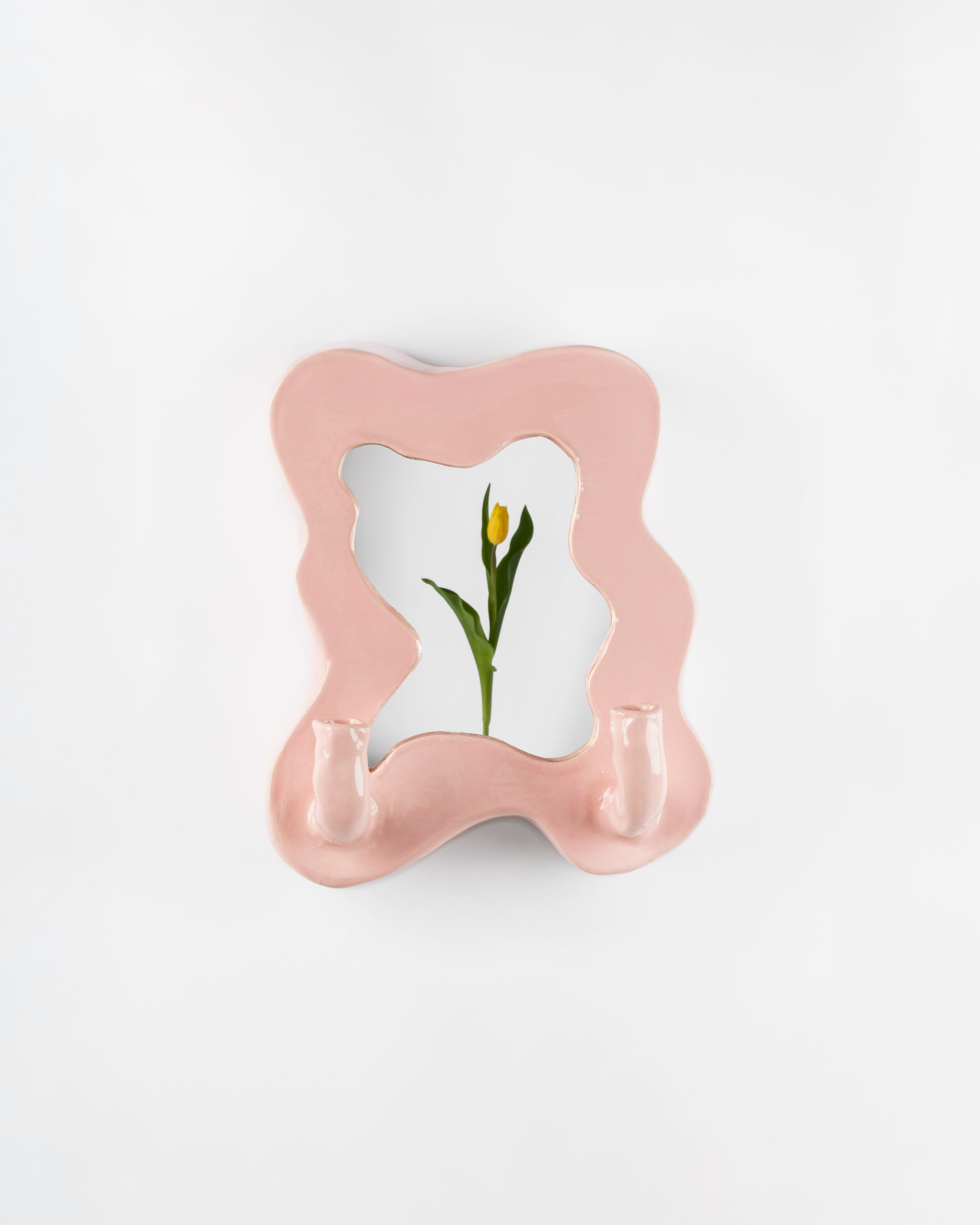 Enameled Clouds Series - Handcrafted Rose Glazed Ceramic Illuminated Wall Mirror For Sale