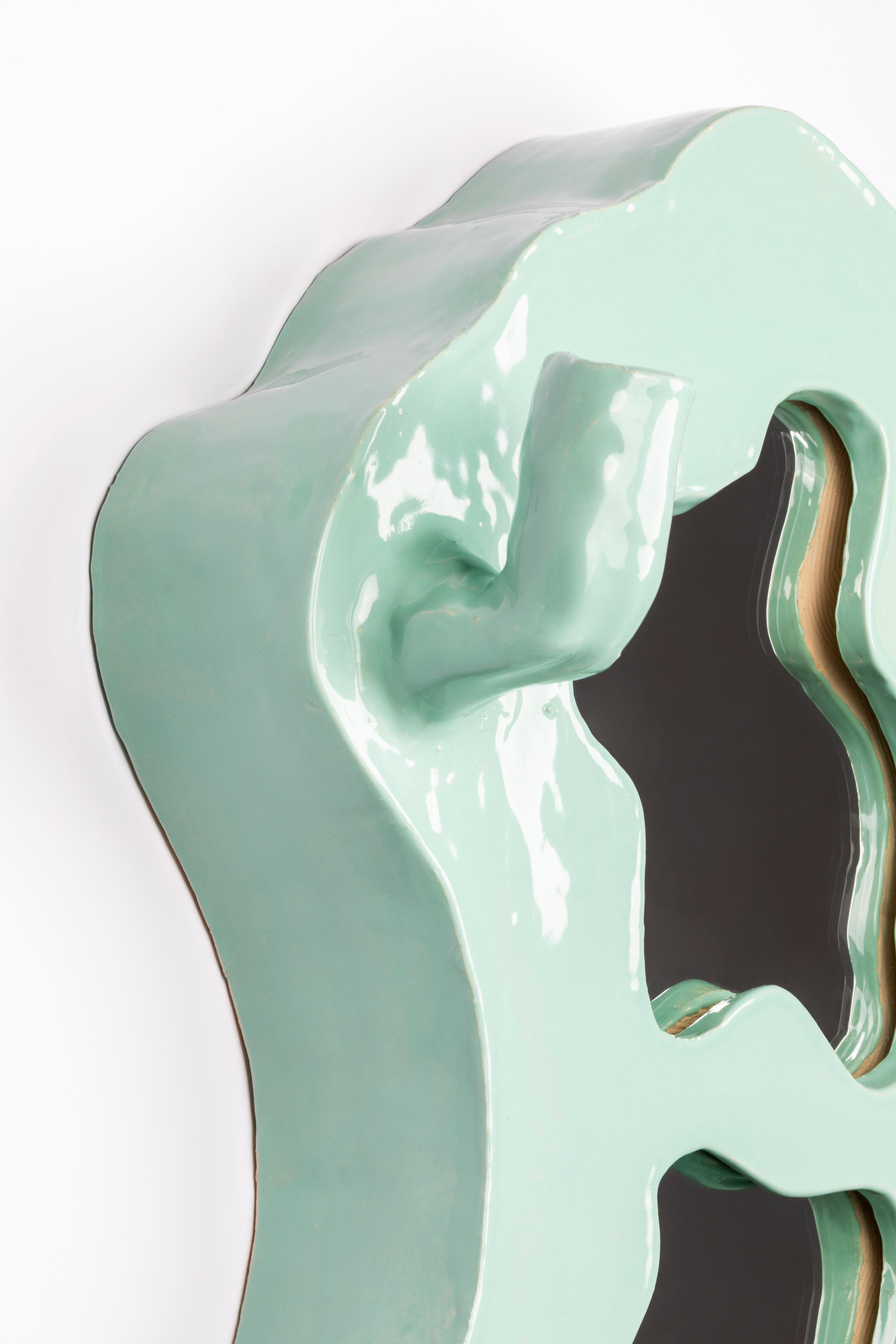 Enameled Clouds Series - Handcrafted Sage Green Glazed Ceramic Illuminated Wall Mirror For Sale