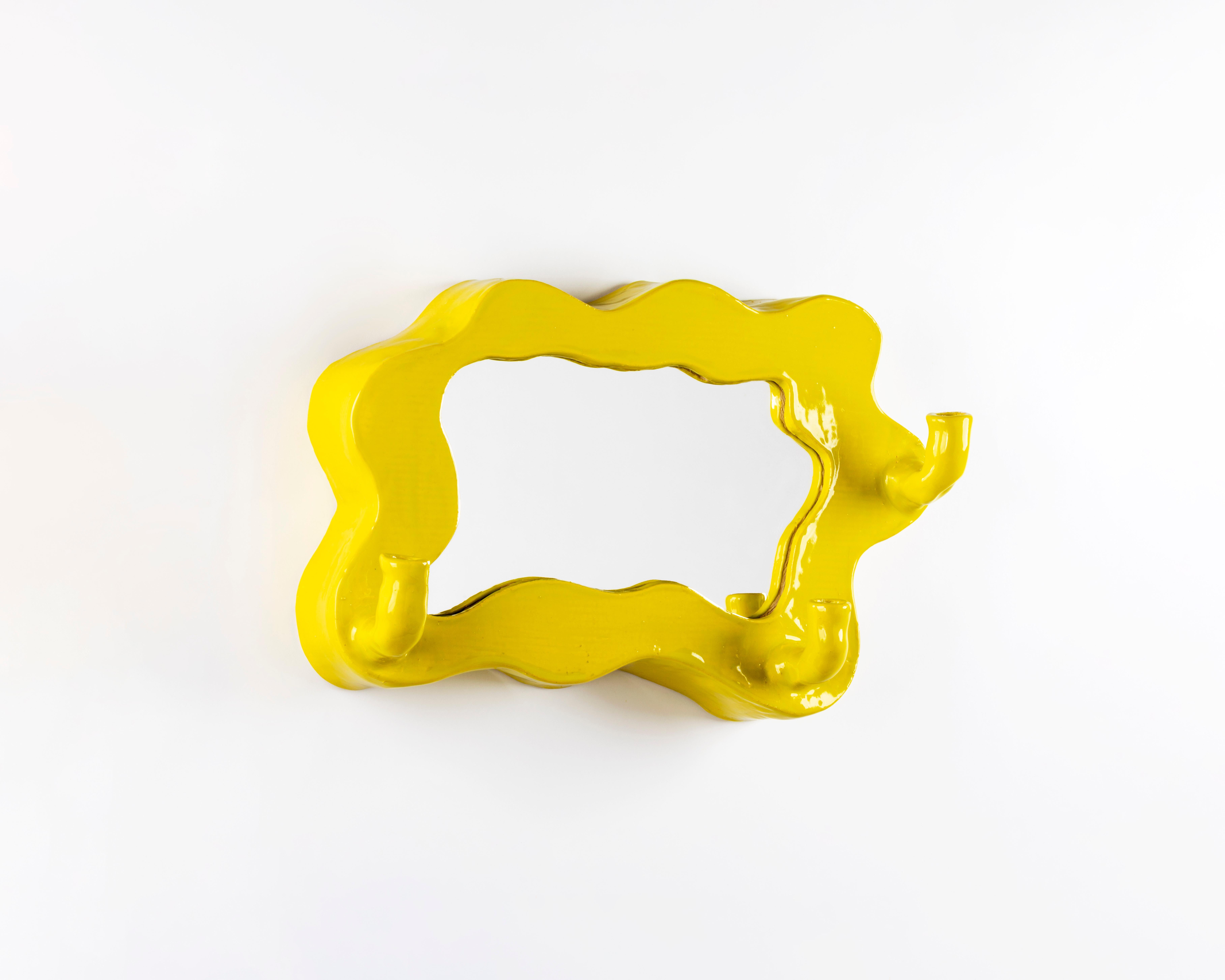 Enameled Clouds Series - Handcrafted Yellow Glazed Ceramic Illuminated Wall Mirror For Sale