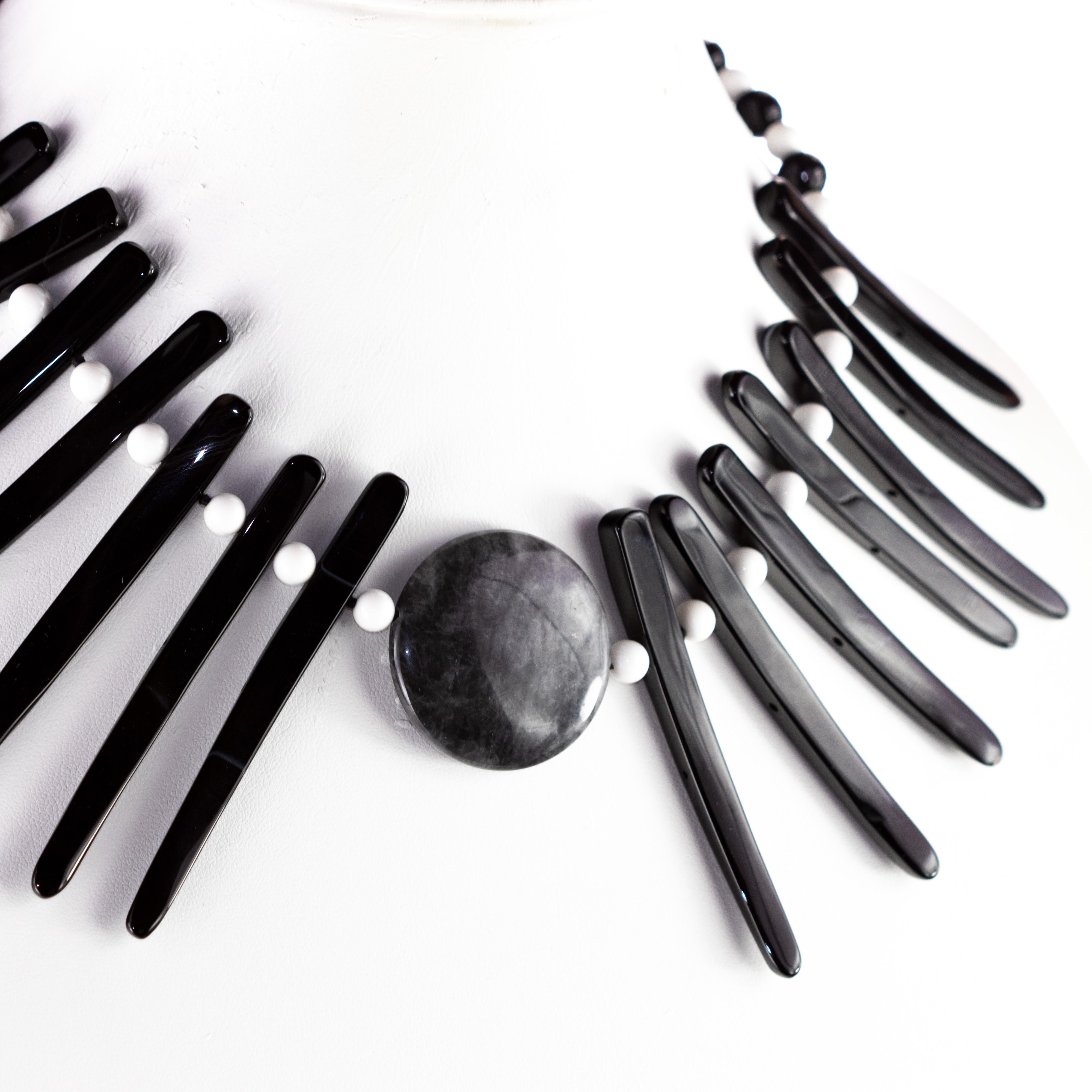 Cloudy Agate Silver Tribal Warrior Round Branches Choker Necklace Earrings Set In New Condition For Sale In Milano, IT