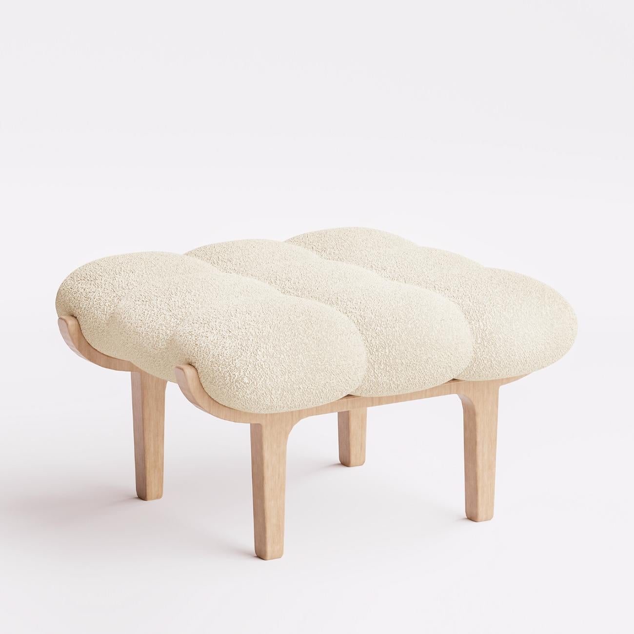 Stool Cloudy with solid birch wood structure in oak 
Matt varnished finish. Upholstered and covered with white 
Bouclé cream fabric. Available with Armchair, on request.
Also available with other fabric bouclé cream colors, on request.