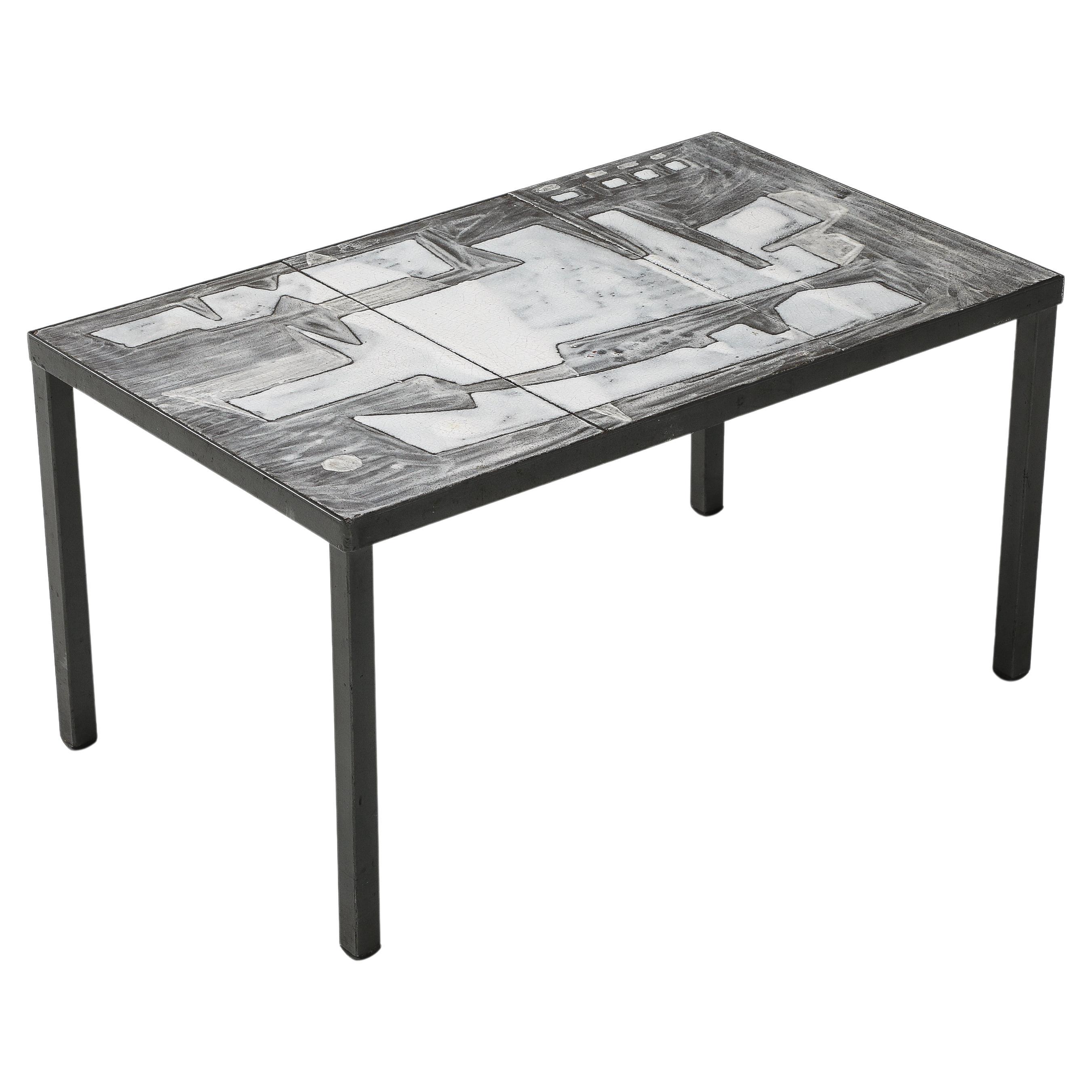 Cloutier Lava Stone Tile Top Coffee Table in White, Grey Abstract design, France For Sale