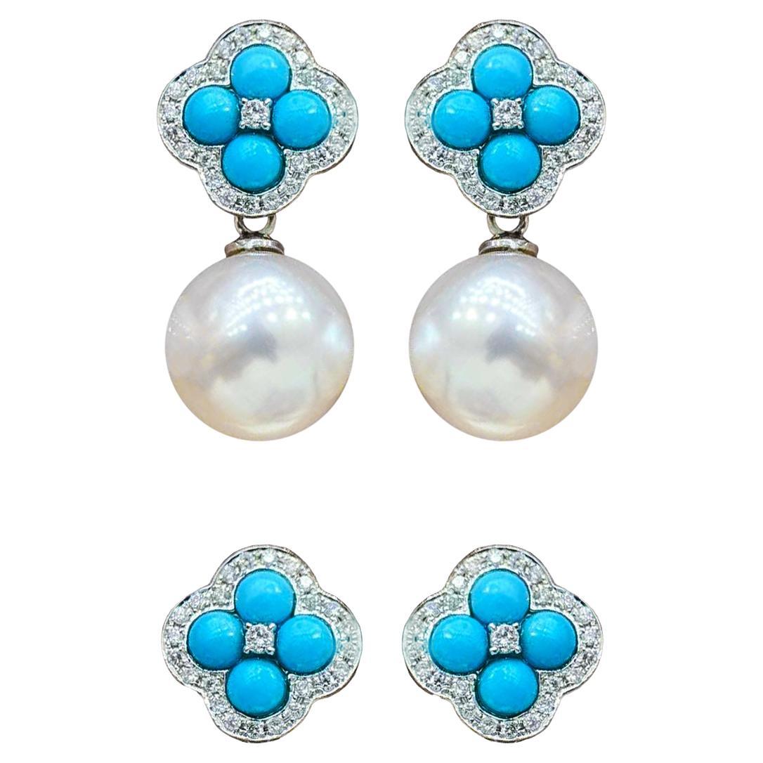 【Caelmare】Clover Bloom Convertible Pearl & Turquoise Earrings