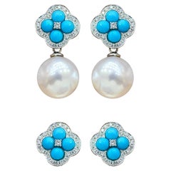 【Caelmare】Clover Bloom Convertible Pearl & Turquoise Earrings