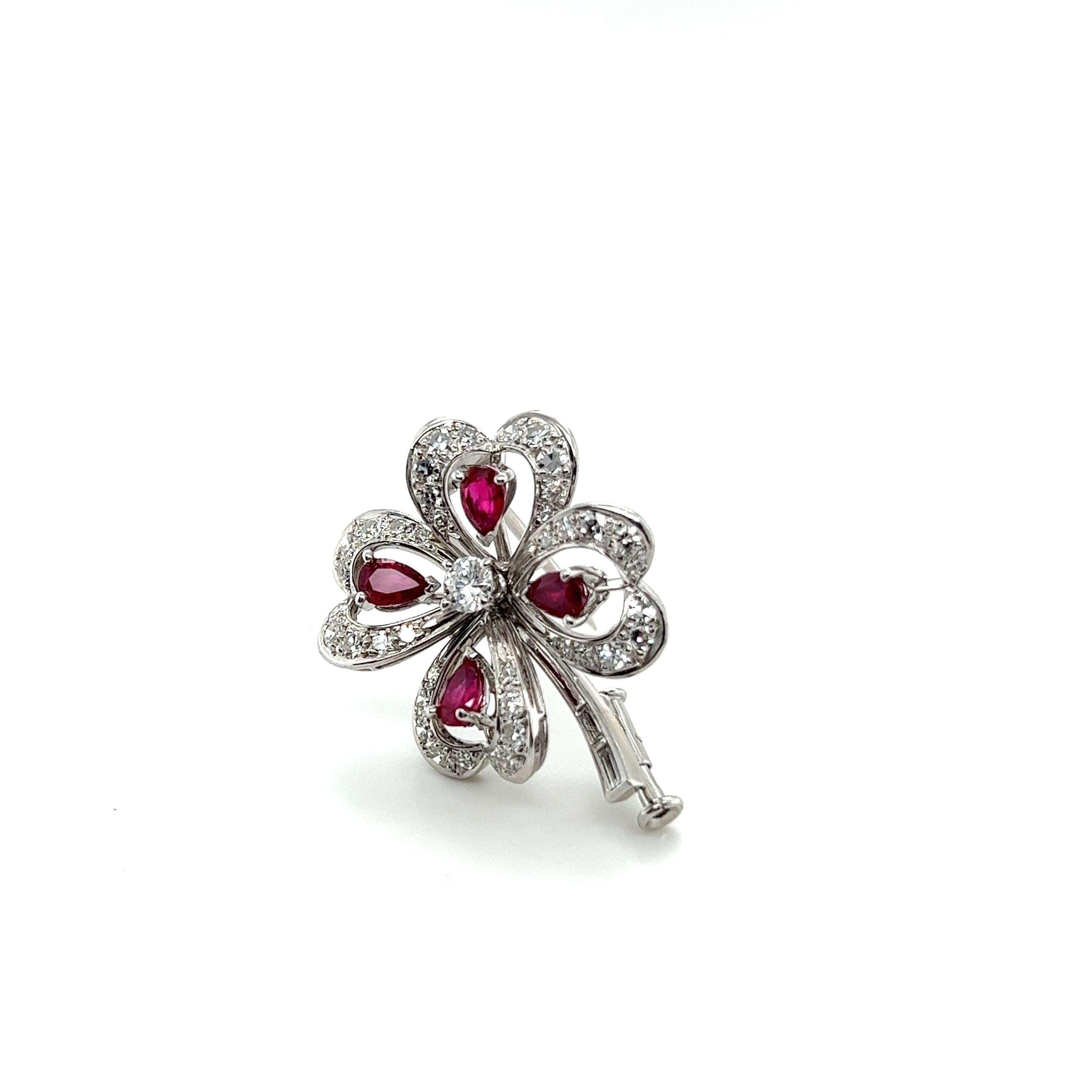 Pear Cut Clover Brooch with Rubies & Diamonds in 18 Karat White Gold by Meister