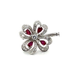 Clover Brooch with Rubies & Diamonds in 18 Karat White Gold by Meister