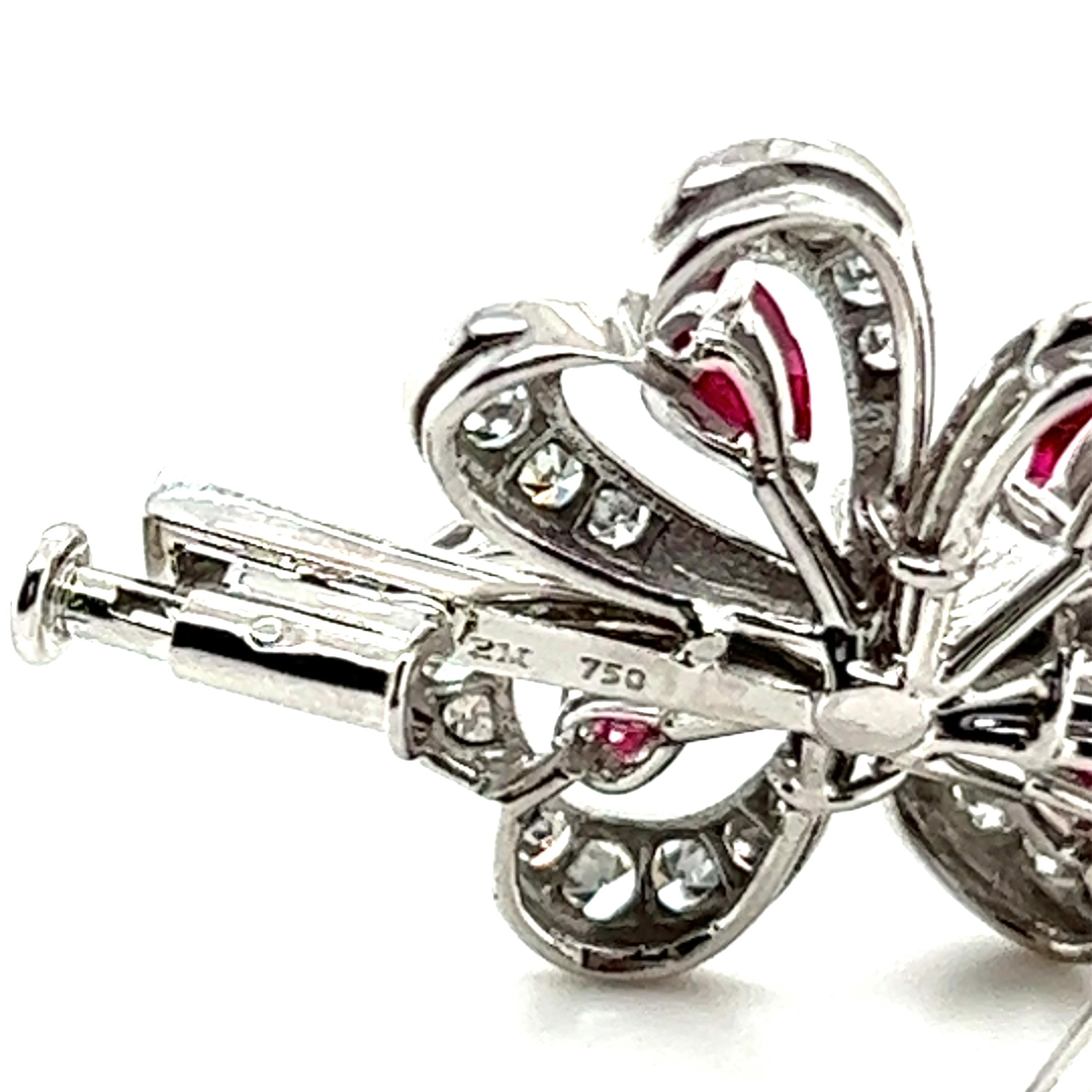 Women's or Men's Clover Brooch with Rubies & Diamonds in 18 Karat White Gold by Meister