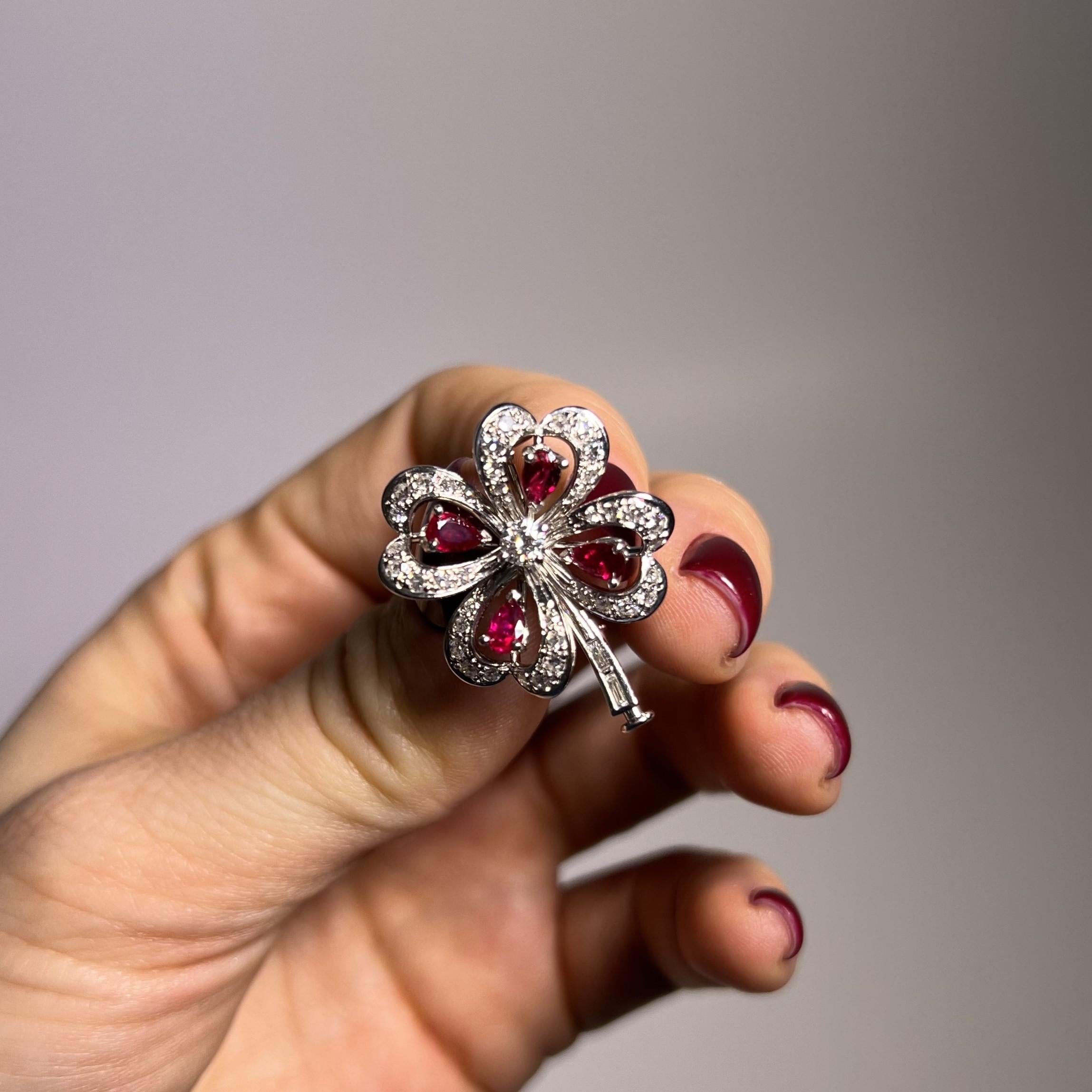 Clover Brooch with Rubies & Diamonds in 18 Karat White Gold by Meister 1