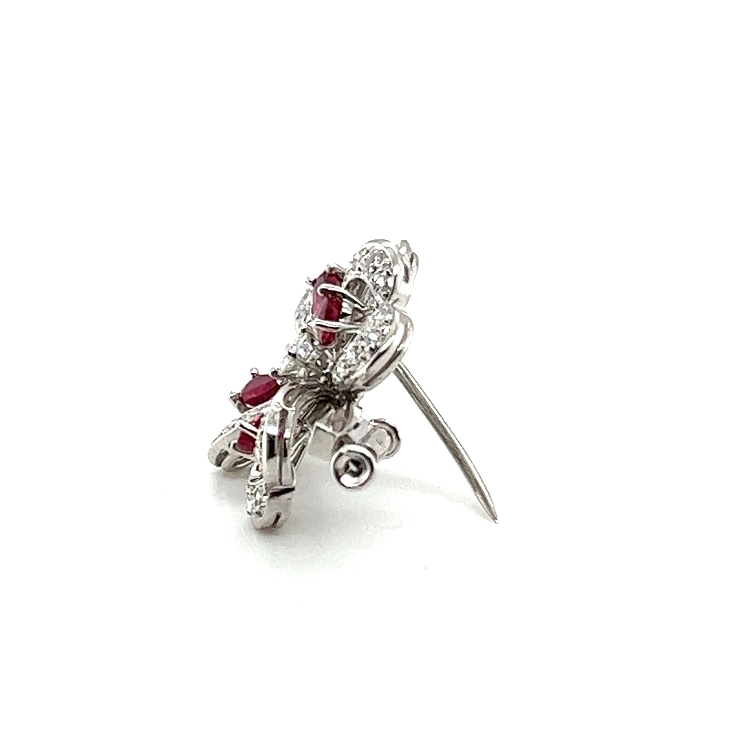 Clover Brooch with Rubies & Diamonds in 18 Karat White Gold by Meister 3
