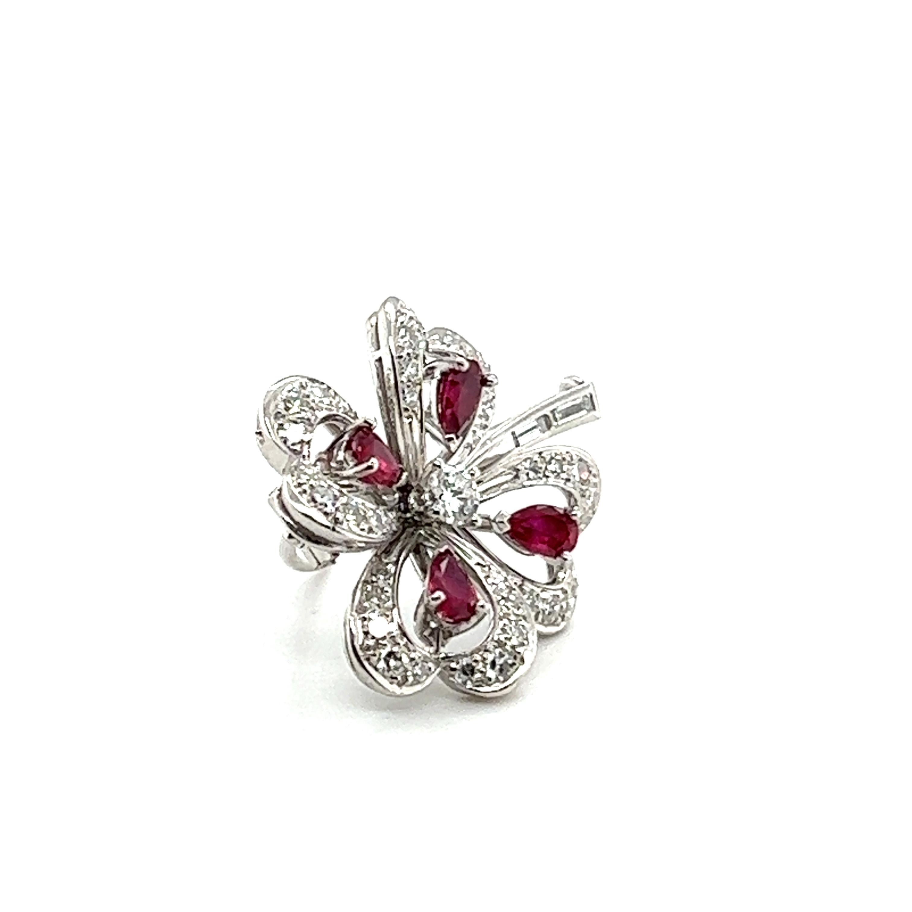 Modern Clover Brooch with Rubies & Diamonds in 18 Karat White Gold by Meister