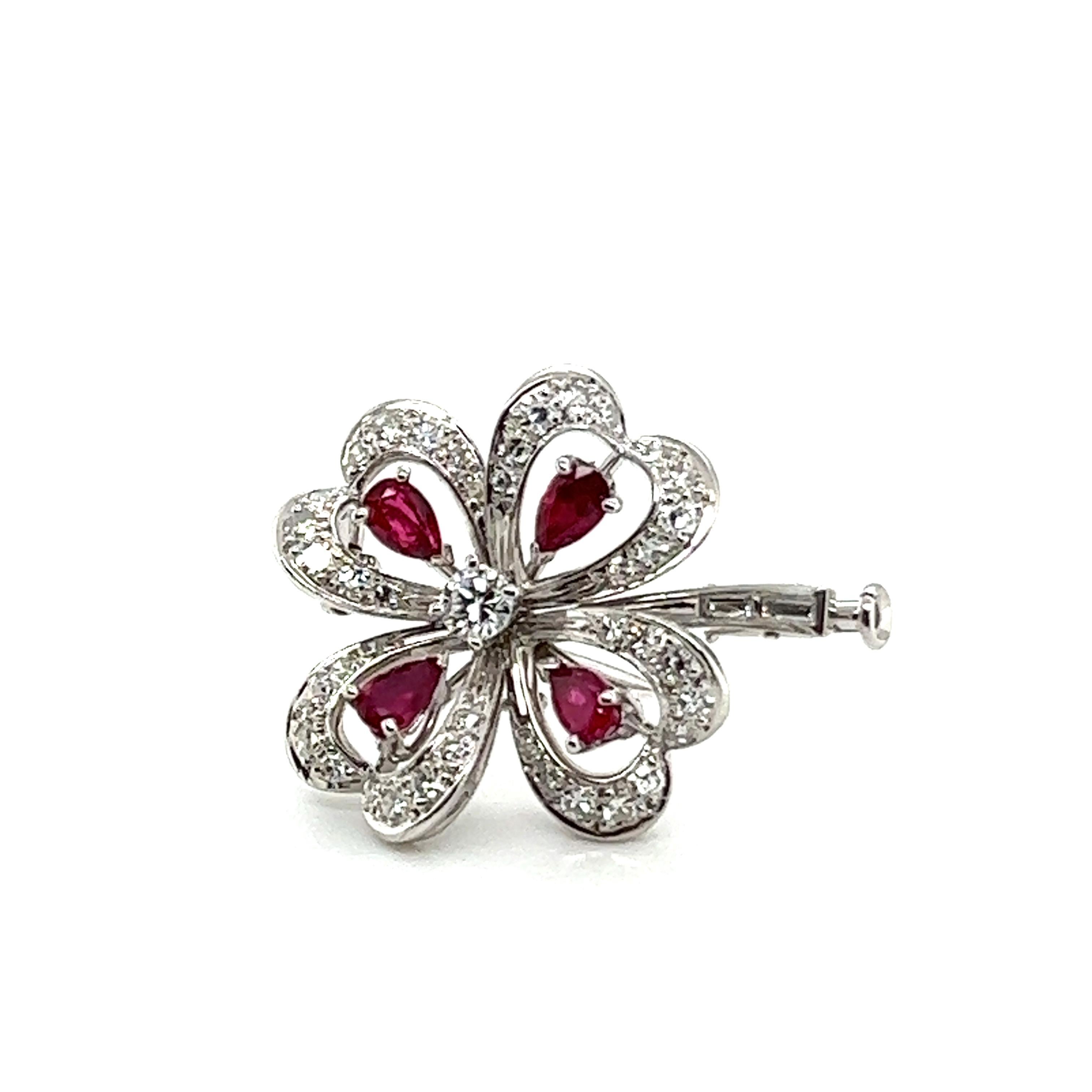 Clover Brooch with Rubies & Diamonds in 18 Karat White Gold by Meister 7