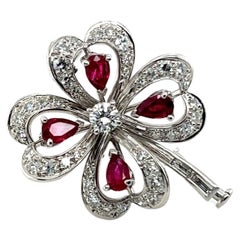 Clover Brooch with Rubies & Diamonds in 18 Karat White Gold by Meister