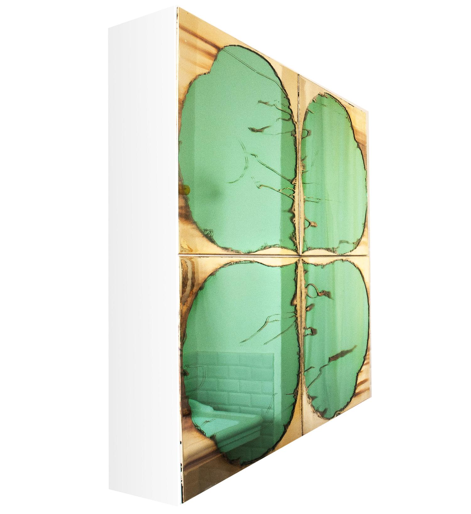 Modern Clover Contemporary Sculpture Cabinet, Birch Wood, Jade Silvered Glass Doors