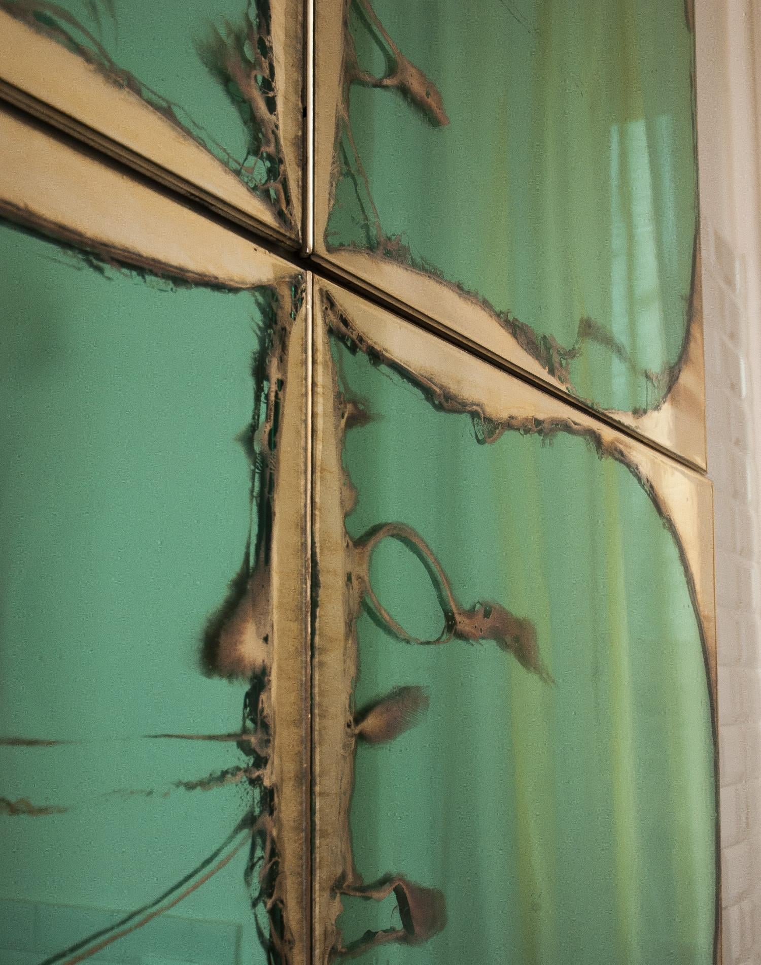Clover Contemporary Sculpture Cabinet, Birch Wood, Jade Silvered Glass Doors 1