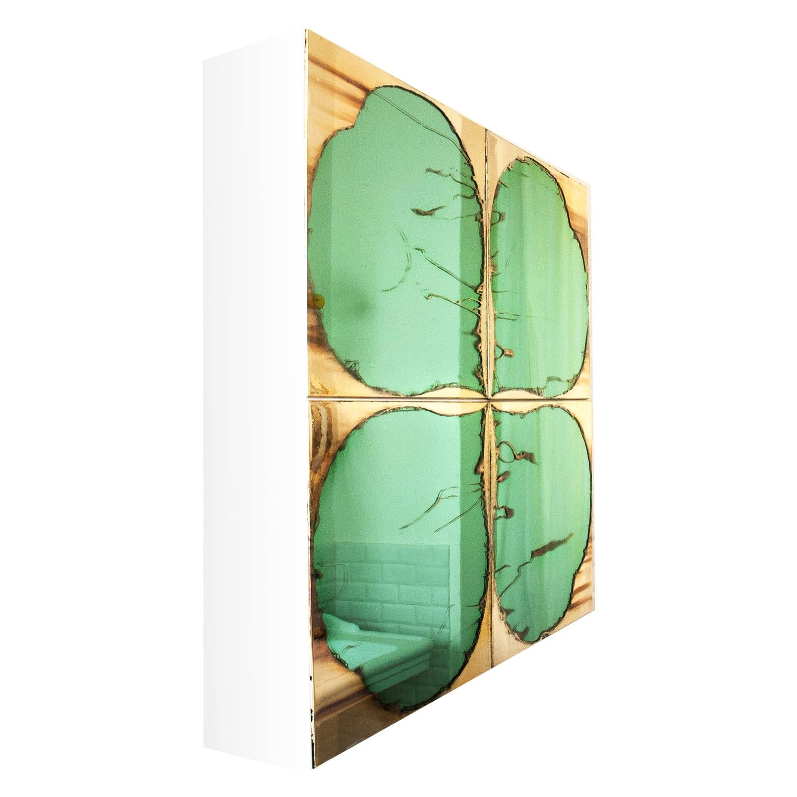 Clover Contemporary Sculpture Cabinet, Birch Wood, Jade Silvered Glass Doors