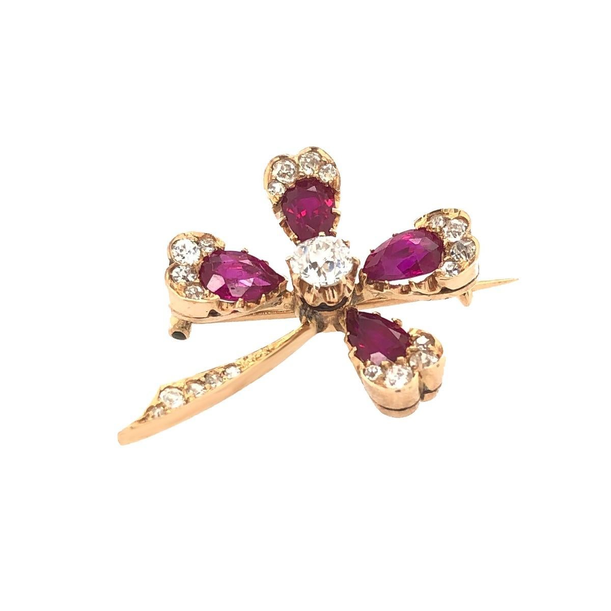 Women's Clover Diamond Ruby Antique Brooch For Sale