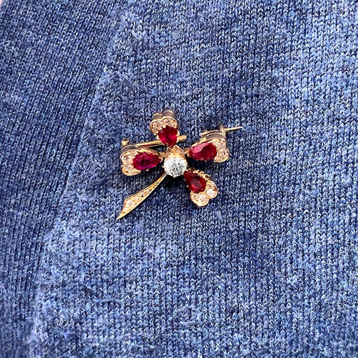 Clover Diamond Ruby Antique Brooch For Sale 1