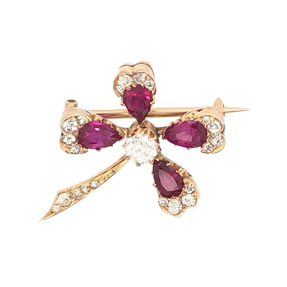 Clover Diamond Ruby Antique Brooch For Sale 2