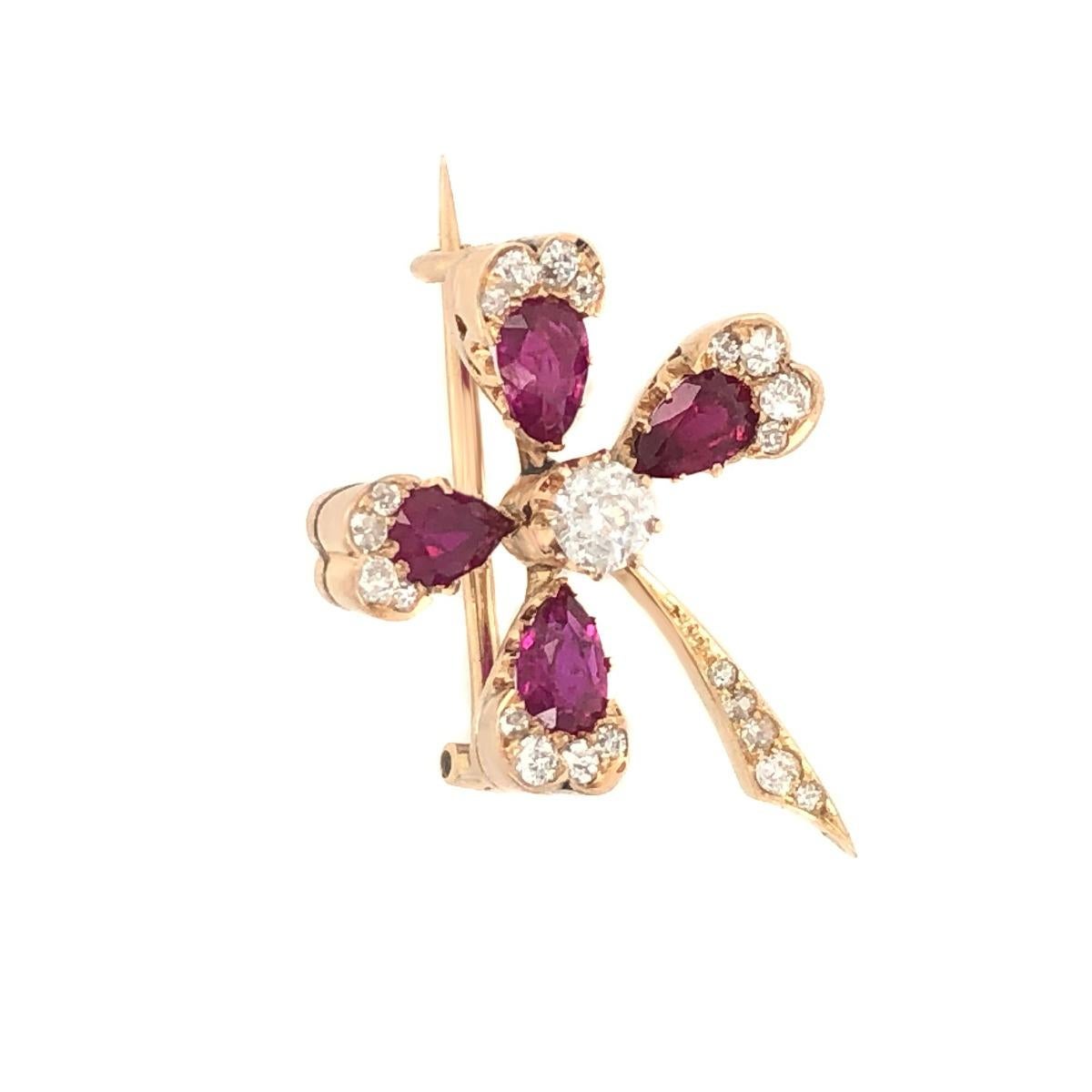 Clover Diamond Ruby Antique Brooch For Sale 3