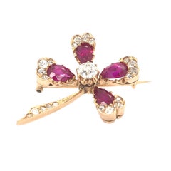 Clover Diamond Ruby Antique Brooch