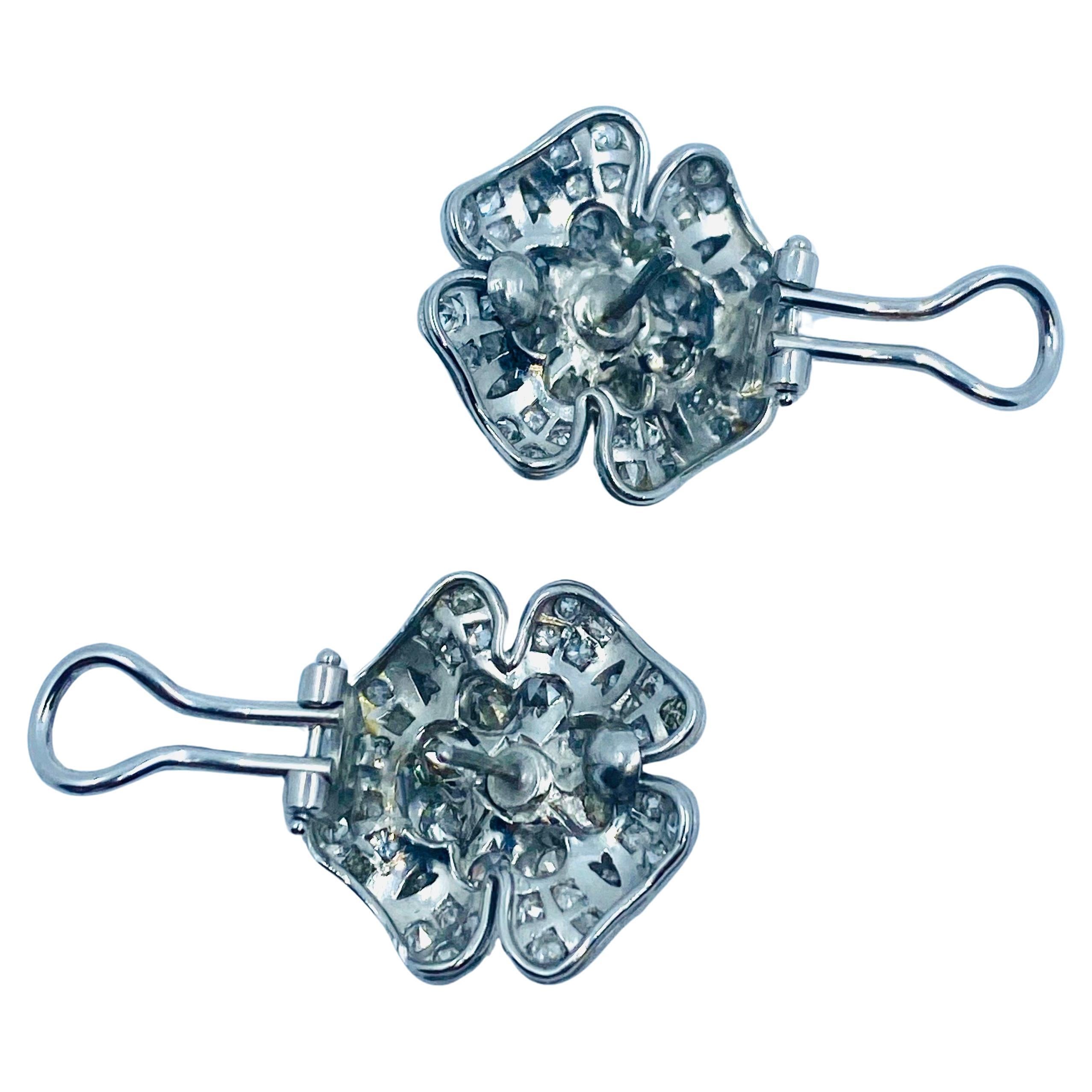 Women's Clover Earrings Diamond 18k White Gold Estate Jewelry For Sale