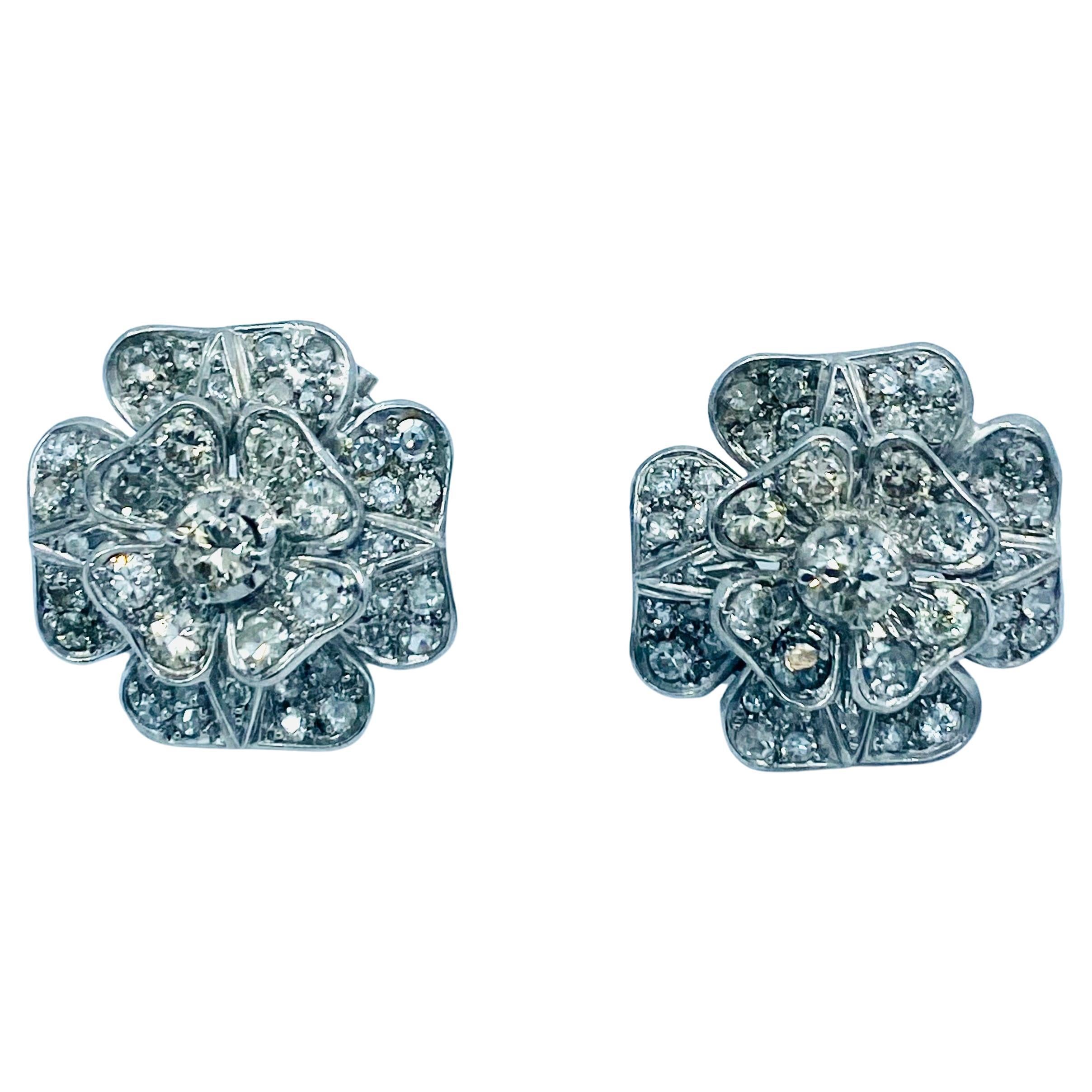Clover Earrings Diamond 18k White Gold Estate Jewelry For Sale