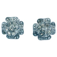 Retro Clover Earrings Diamond 18k White Gold Estate Jewelry