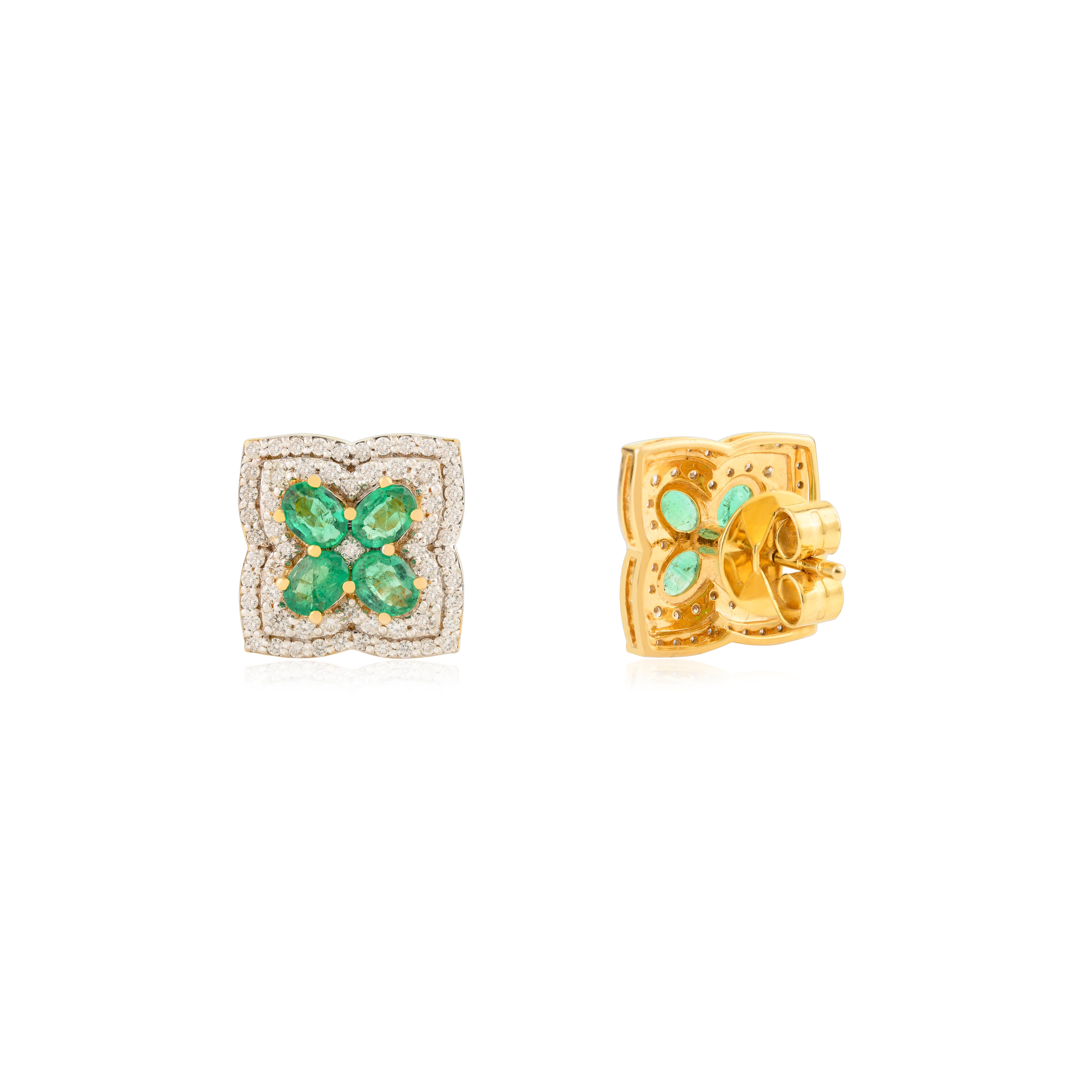Vom Klee inspirierte florale Ohrstecker mit Smaragd und Diamant aus 14k Gelbgold im Zustand „Neu“ im Angebot in New York, NY