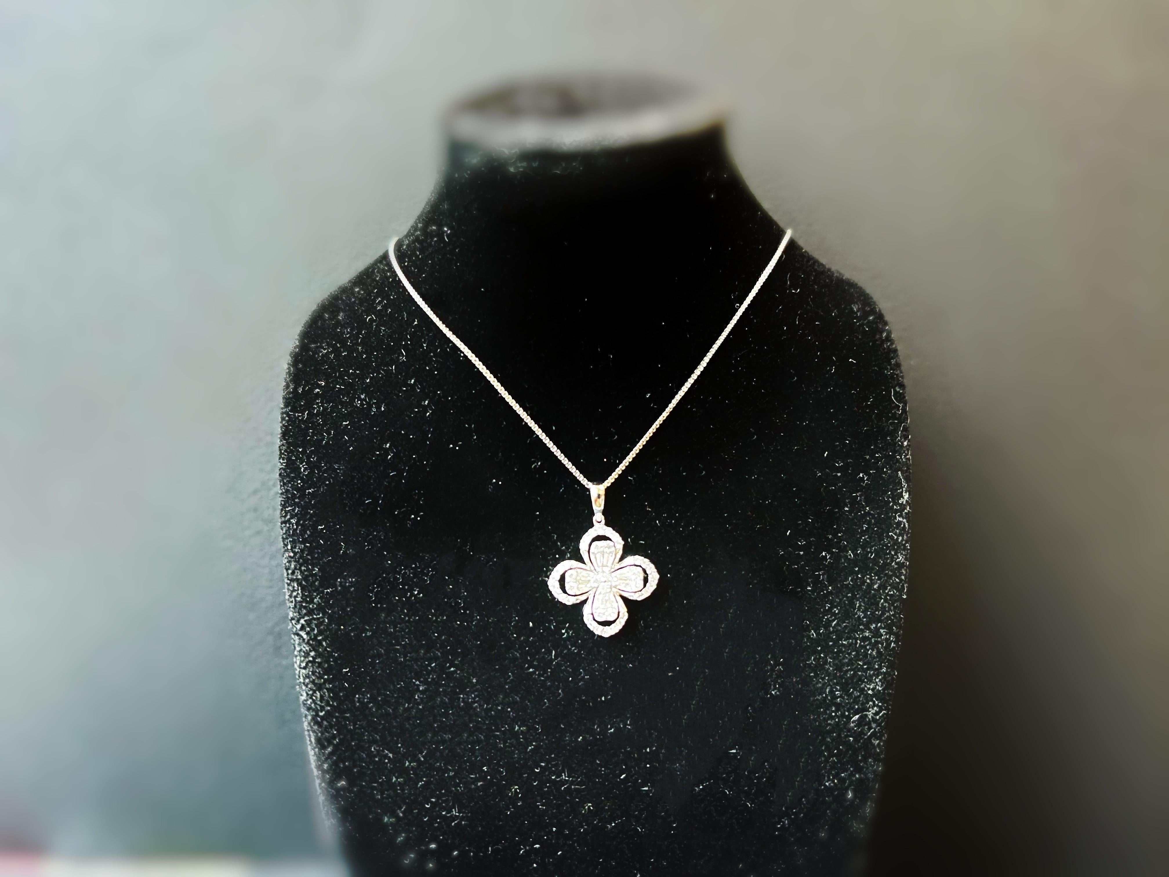 Certified Clover Leaf Pave Setting Diamond Pendant Necklace in 18K White Gold For Sale 5
