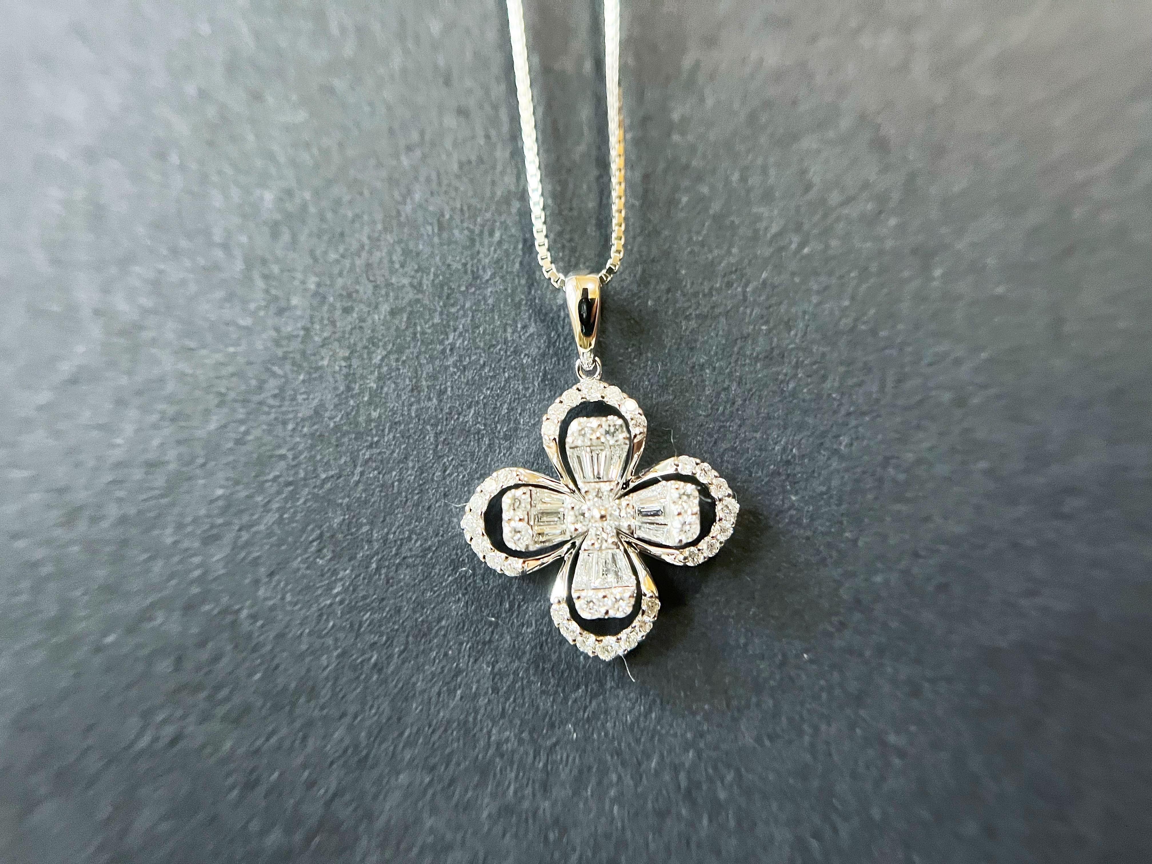 Art Deco Certified Clover Leaf Pave Setting Diamond Pendant Necklace in 18K White Gold For Sale