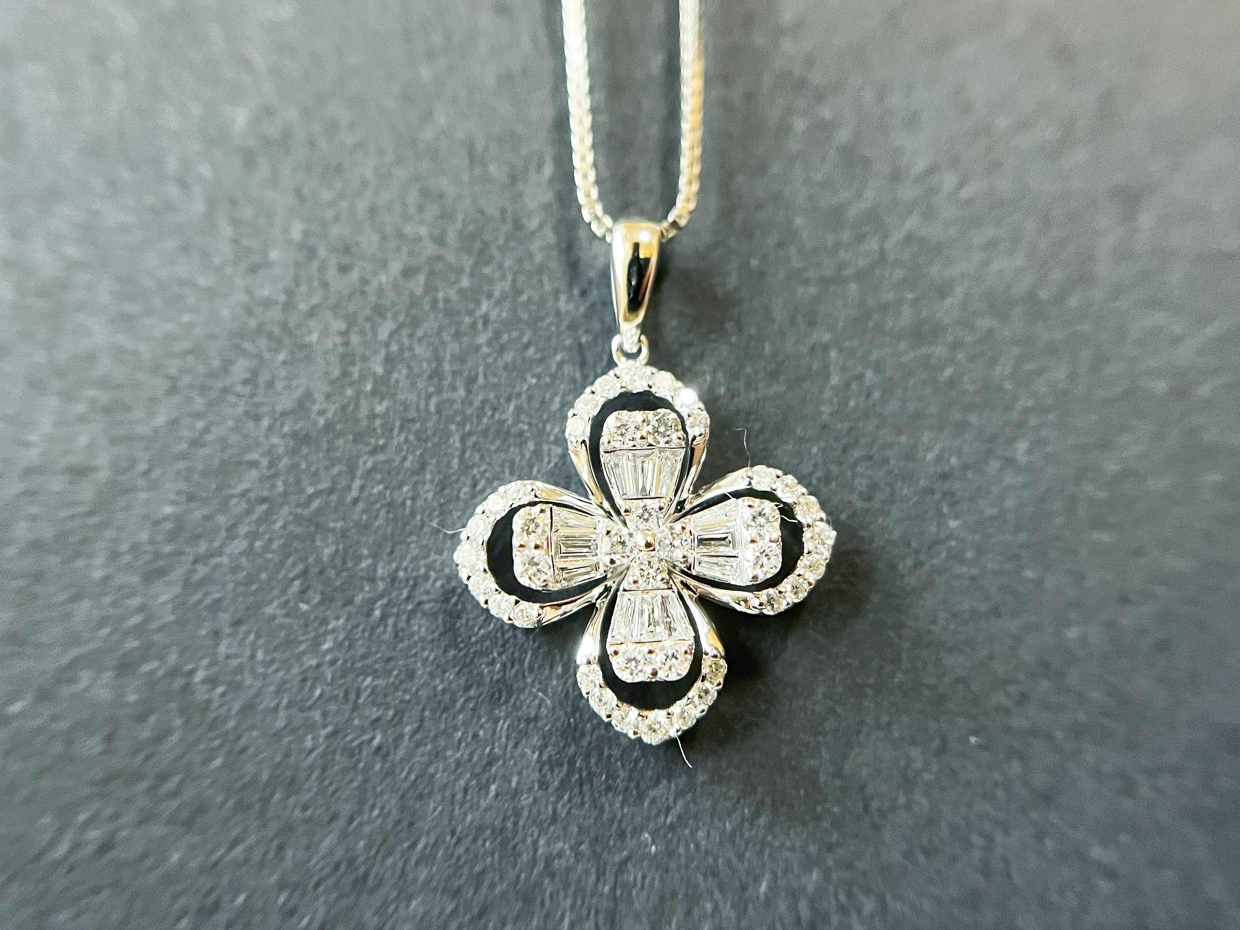 Trapezoid Cut Certified Clover Leaf Pave Setting Diamond Pendant Necklace in 18K White Gold For Sale