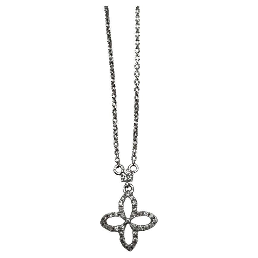 Clover Pave Set Diamonds Halo Motif 14K Karat White Gold Pendant Chain Necklace