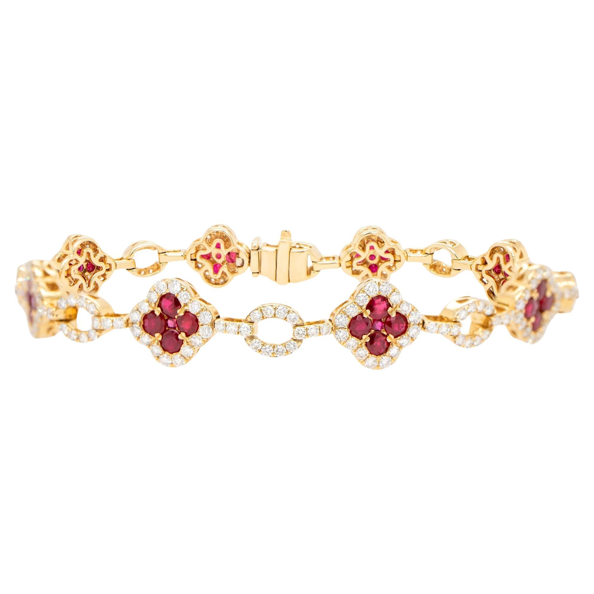Clover Ruby Bracelet Diamond Links 5.45 Carats 18K Yellow Gold For Sale
