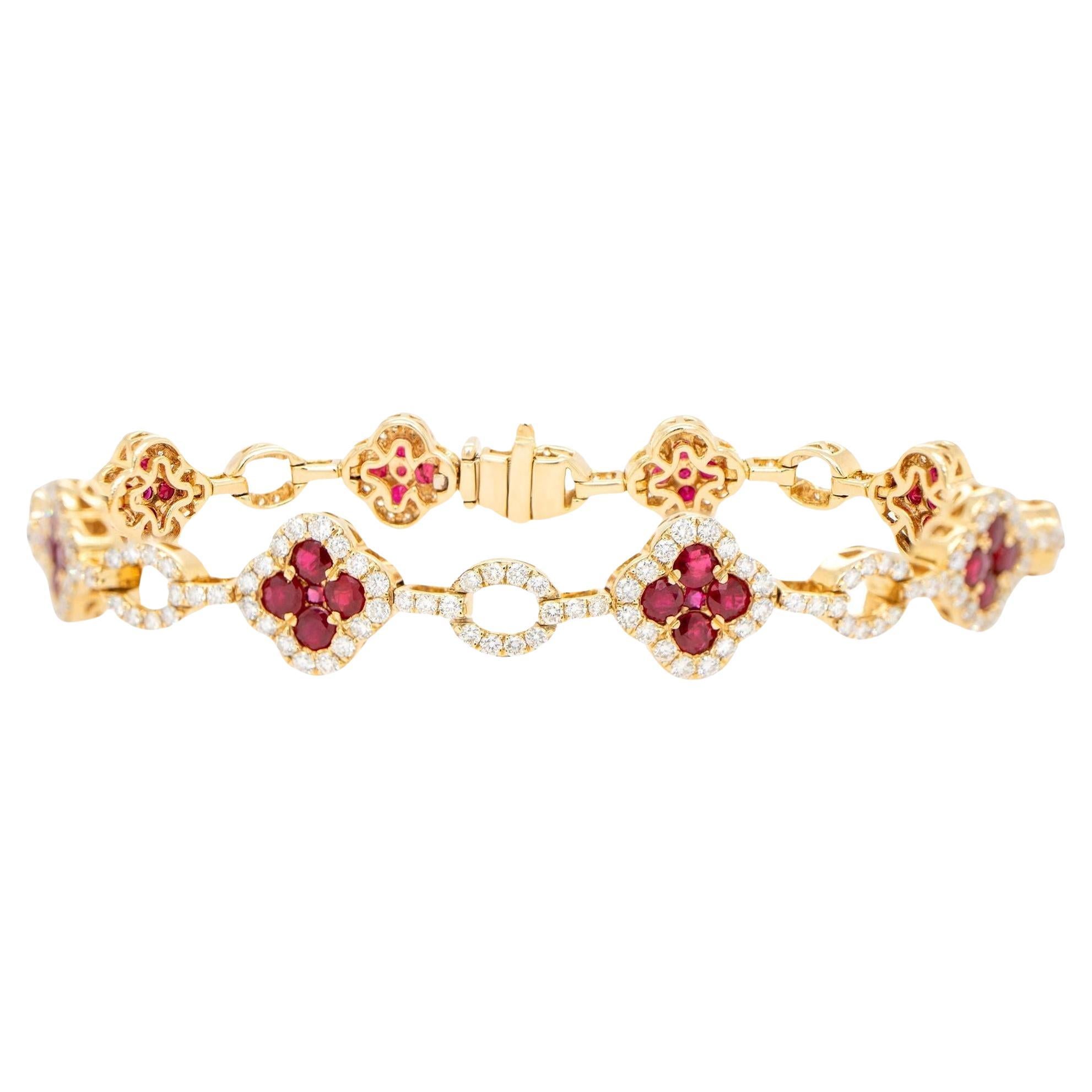 Clover Ruby Bracelet Diamond Links 5.45 Carats 18K Yellow Gold For Sale ...