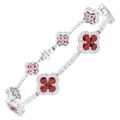 Clover Ruby Bracelet Diamond Links 6.47 Carats 18K White Gold