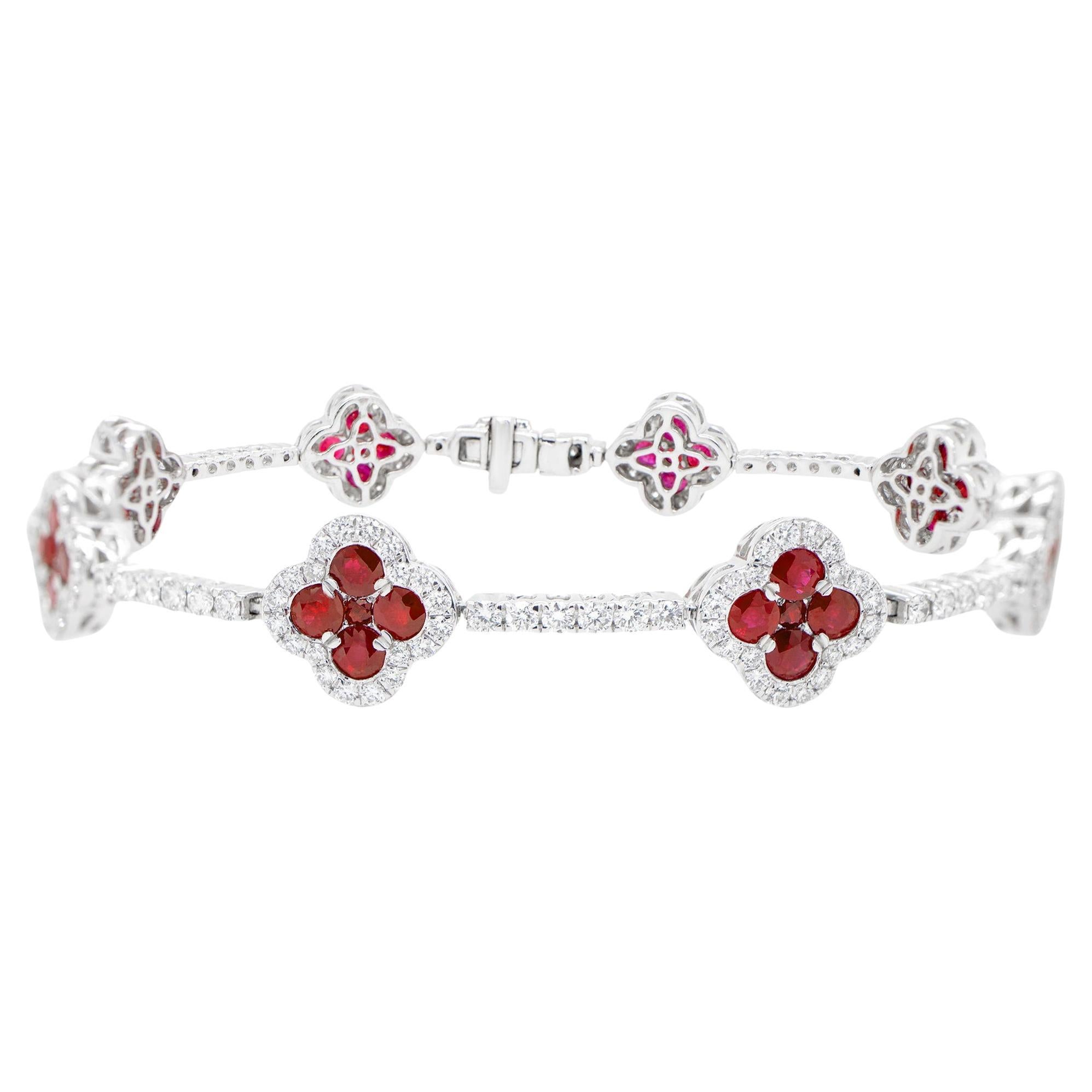 Clover Ruby Bracelet Diamond Links 6.47 Carats 18K White Gold For Sale