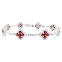 Clover Ruby Bracelet Diamond Links 6.47 Carats 18K White Gold