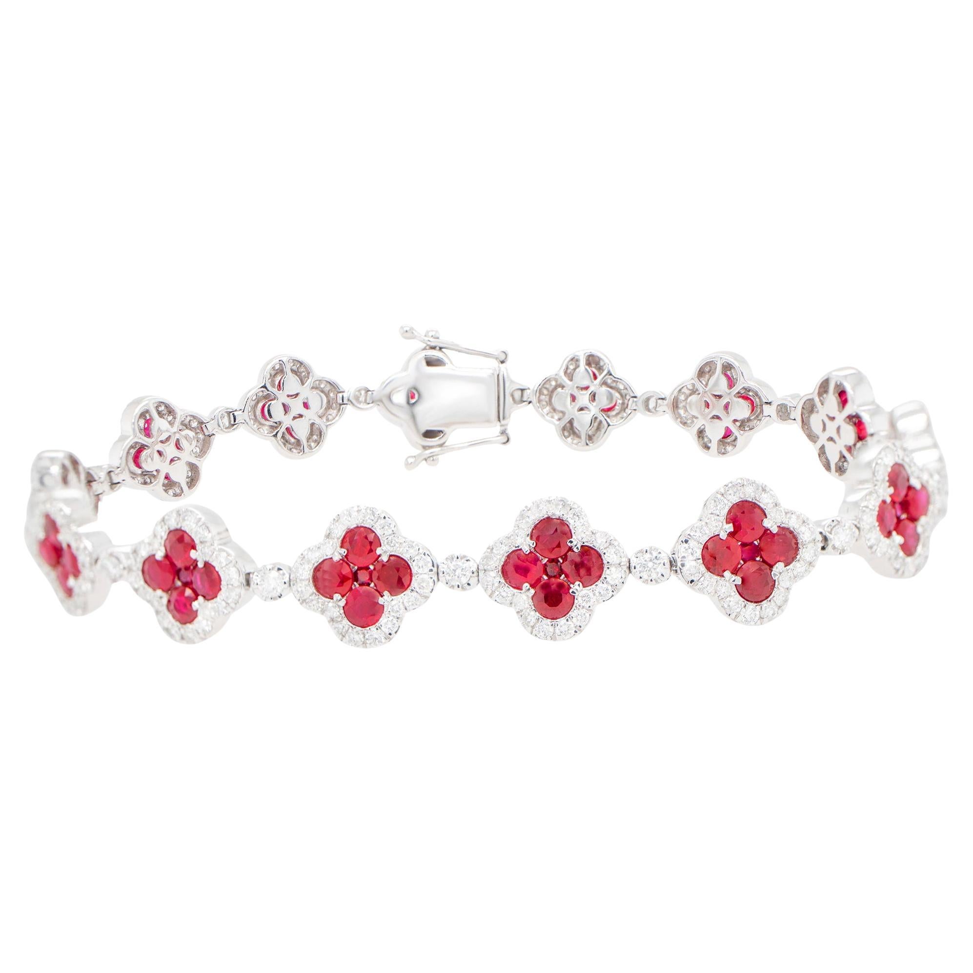 Clover Ruby Bracelet Diamond Links 8.5 Carats 18K White Gold For Sale