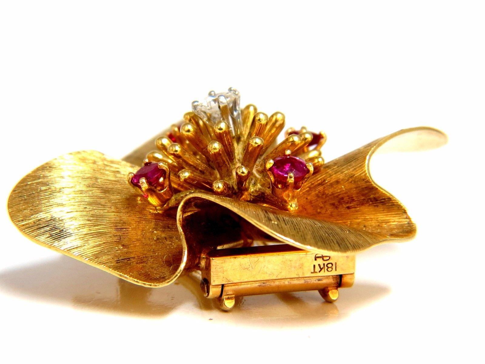 Clover Ruby Diamonds Brooch Pin 14 Karat Vintage 1