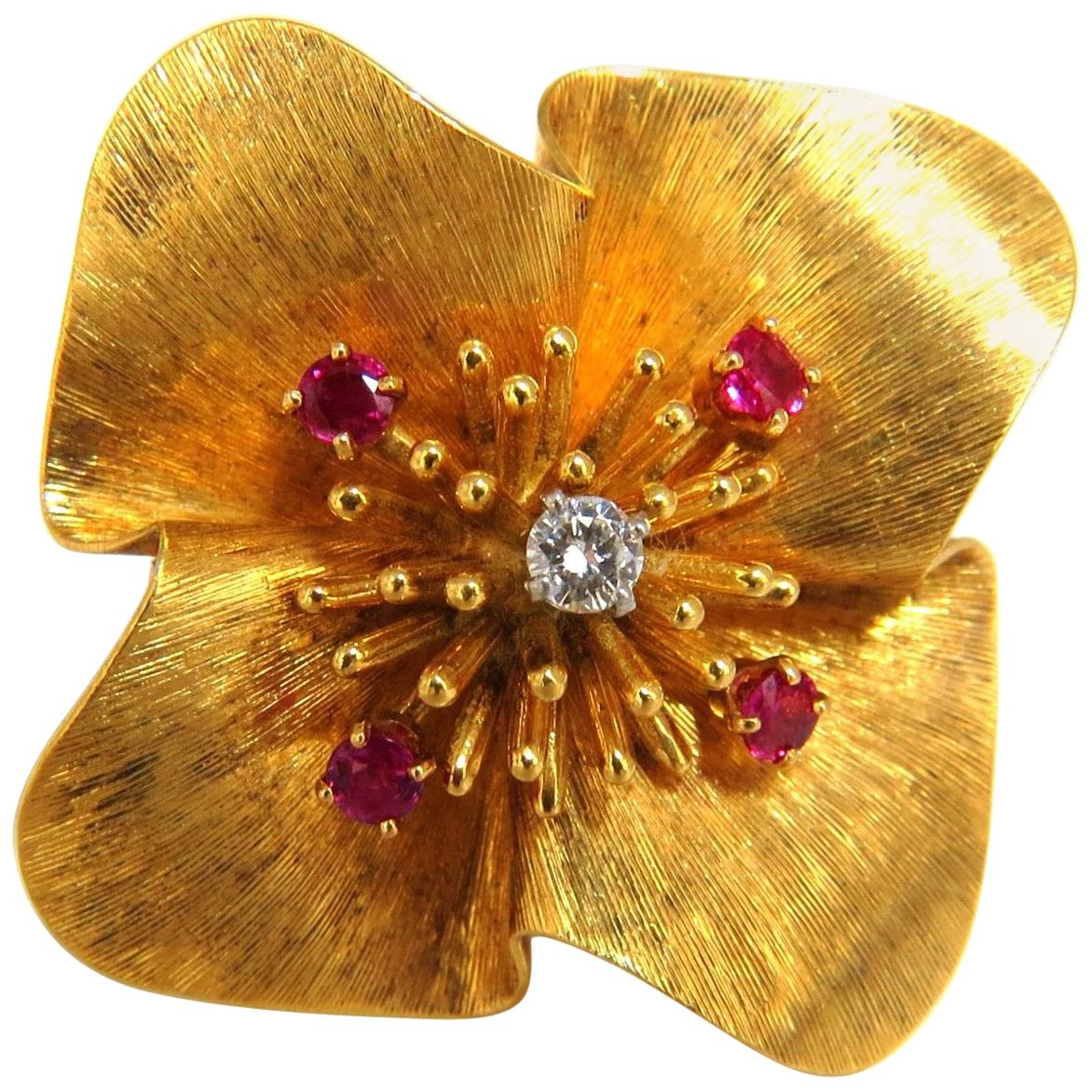 Clover Ruby Diamonds Brooch Pin 14 Karat Vintage