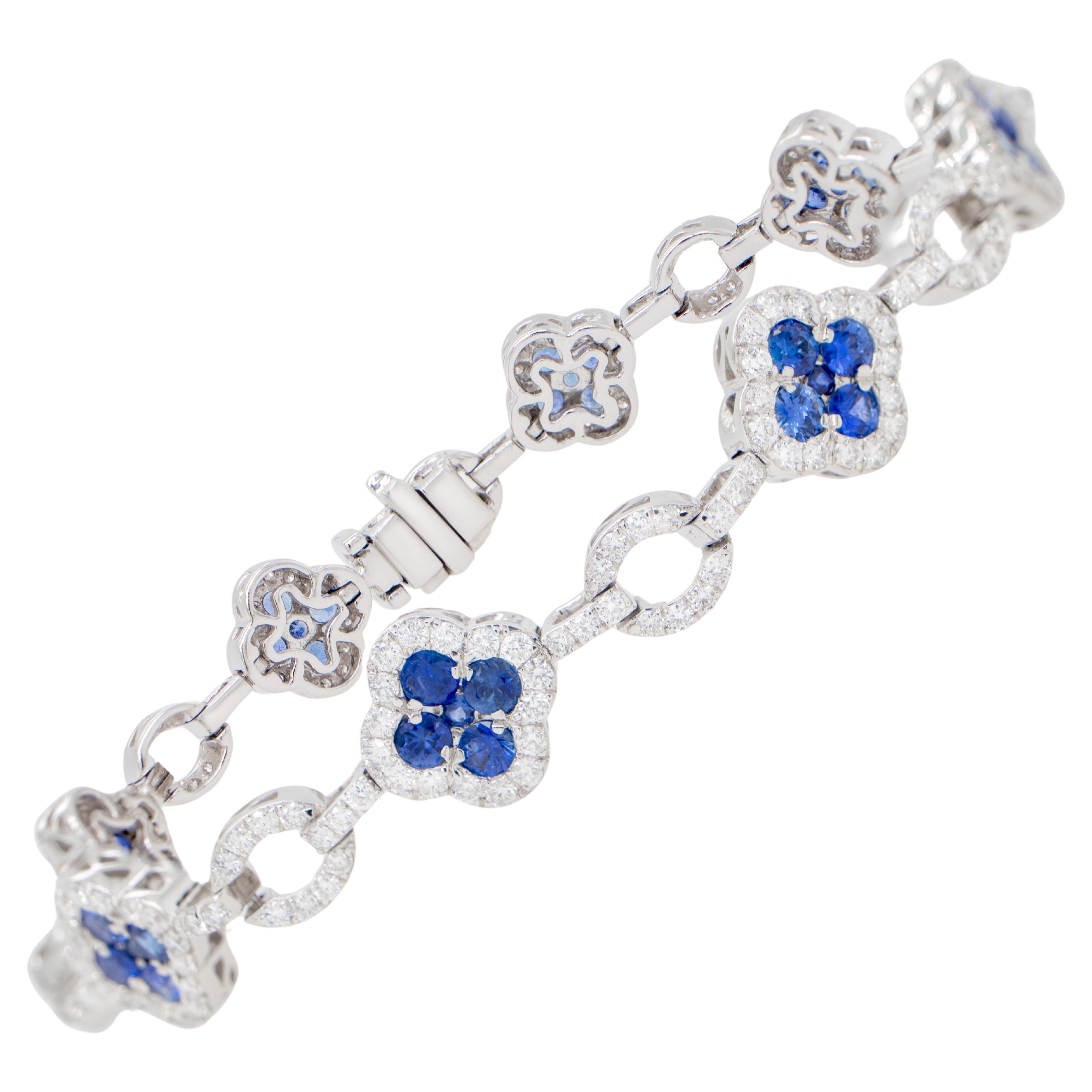 Clover Sapphire Bracelet Diamond Links 5.38 Carats 18K White Gold For Sale