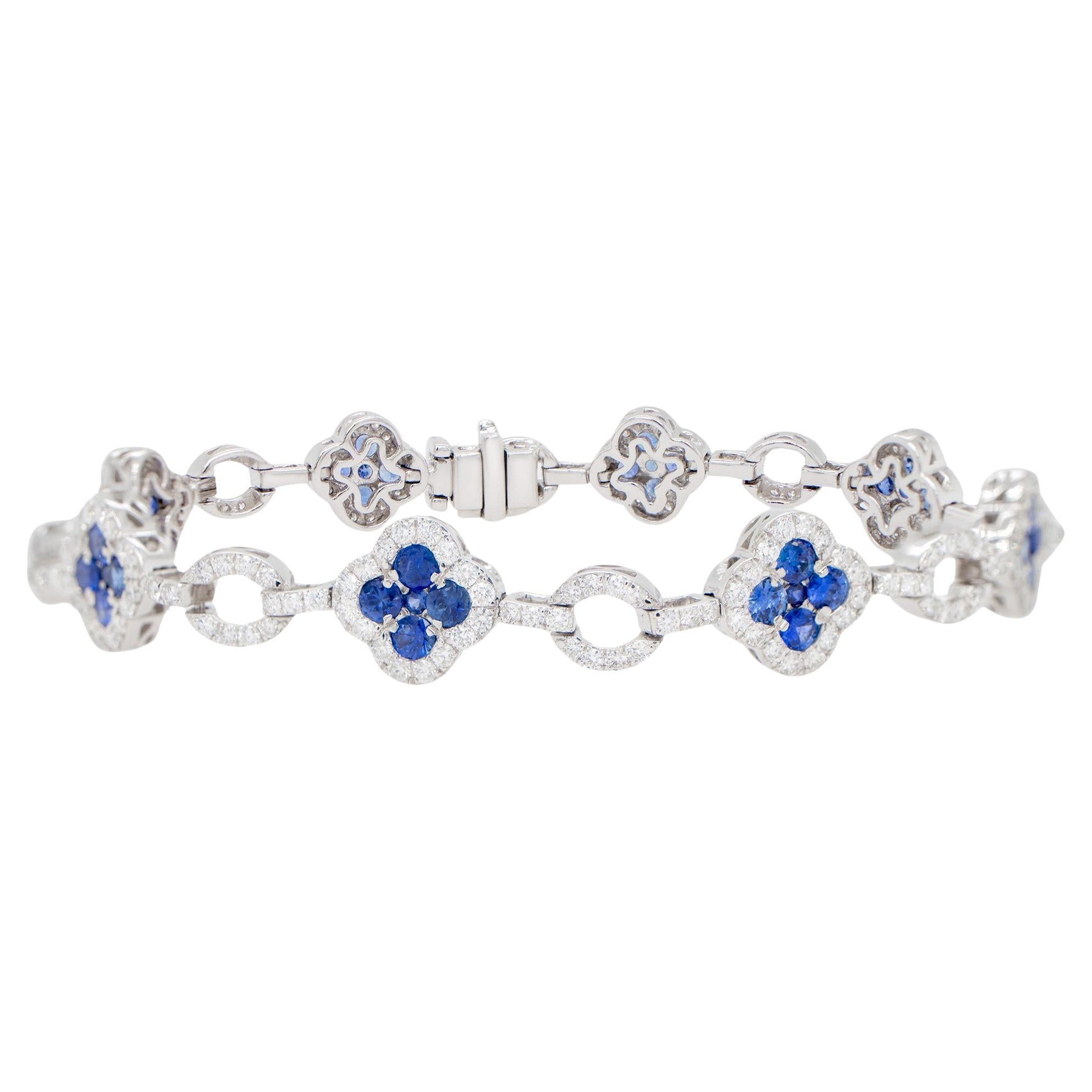 Clover Sapphire Bracelet Diamond Links 5.38 Carats 18K White Gold