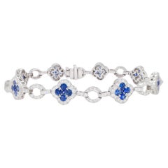 Clover Sapphire Bracelet Diamond Links 5.38 Carats 18K White Gold
