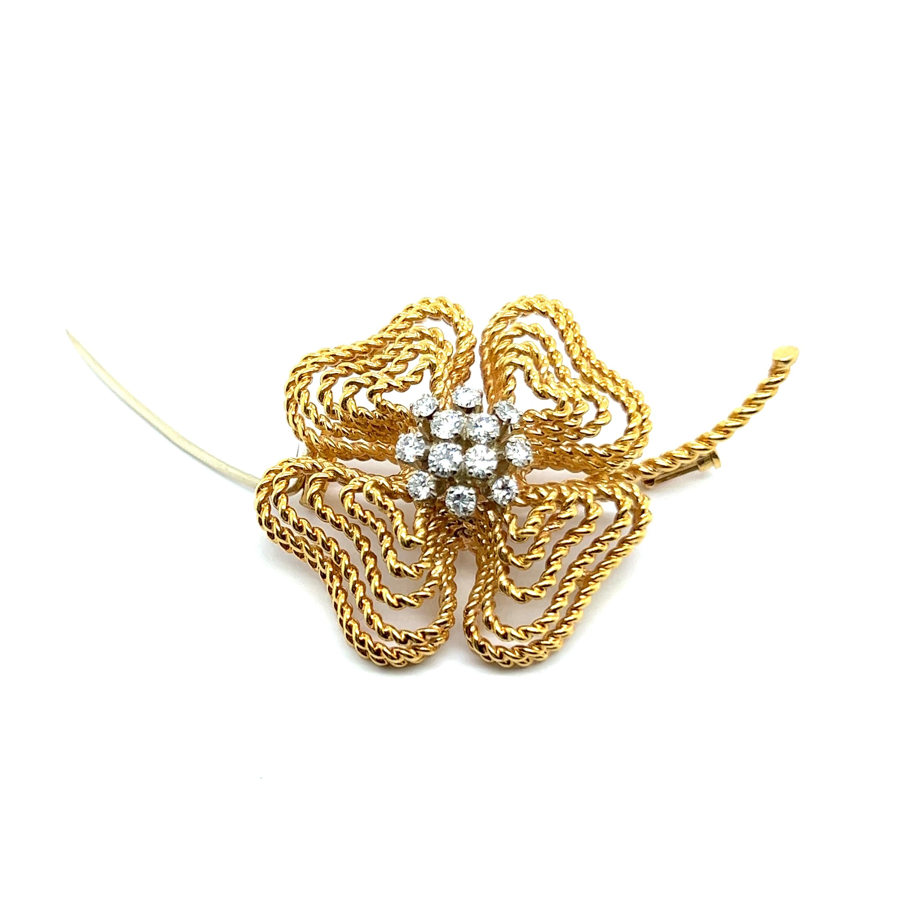 Artist Clover Brooch with Diamonds in 18 Karat Yellow and White Gold For Sale