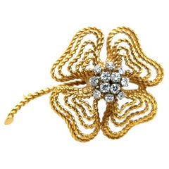 Retro Clover Brooch with Diamonds in 18 Karat Yellow and White Gold