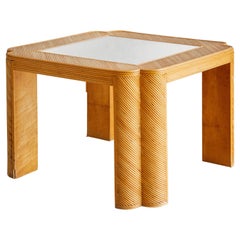 Clover Shaped Split Reed Bamboo Side Table with Mirrored Top