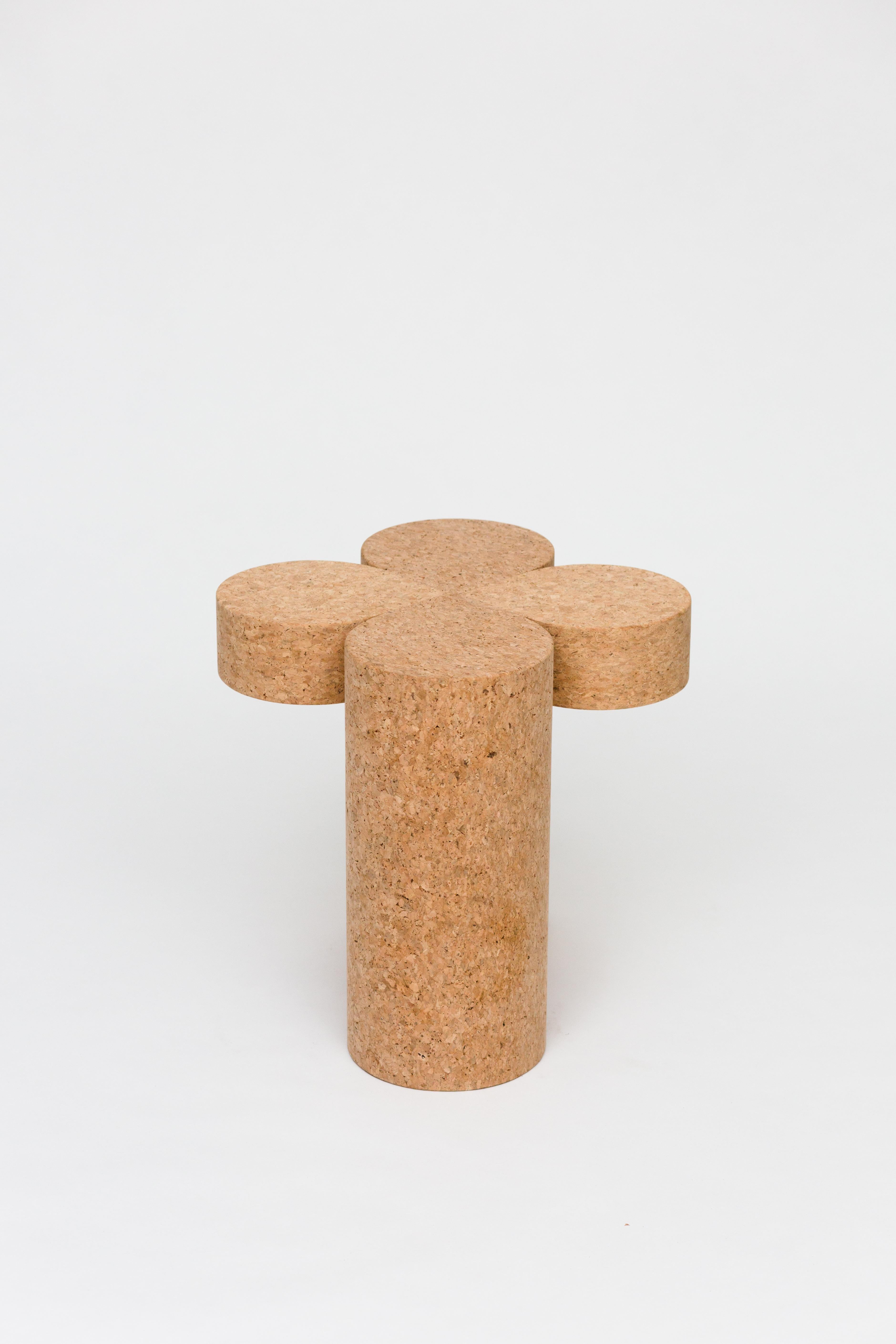 Modern Clover Solid Cork Contemporary Sculptural Carved Side Drinks Table Natural For Sale