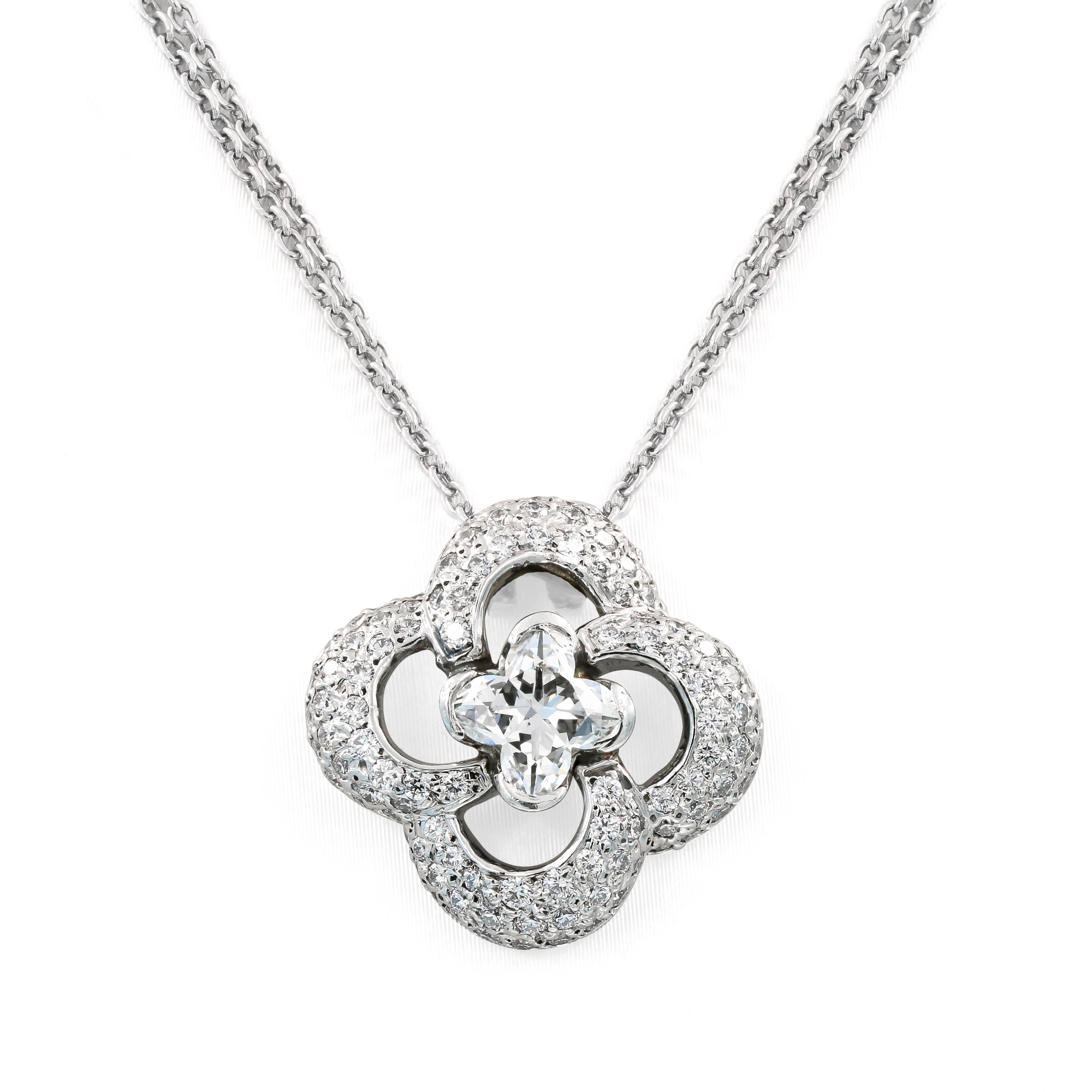 This elegant necklace in platinum has a Lili-cut diamond in the center H in color, VS2 in clarity = .88ct. and 104 ideal cut round diamonds= .75ct. t.w. set in a 